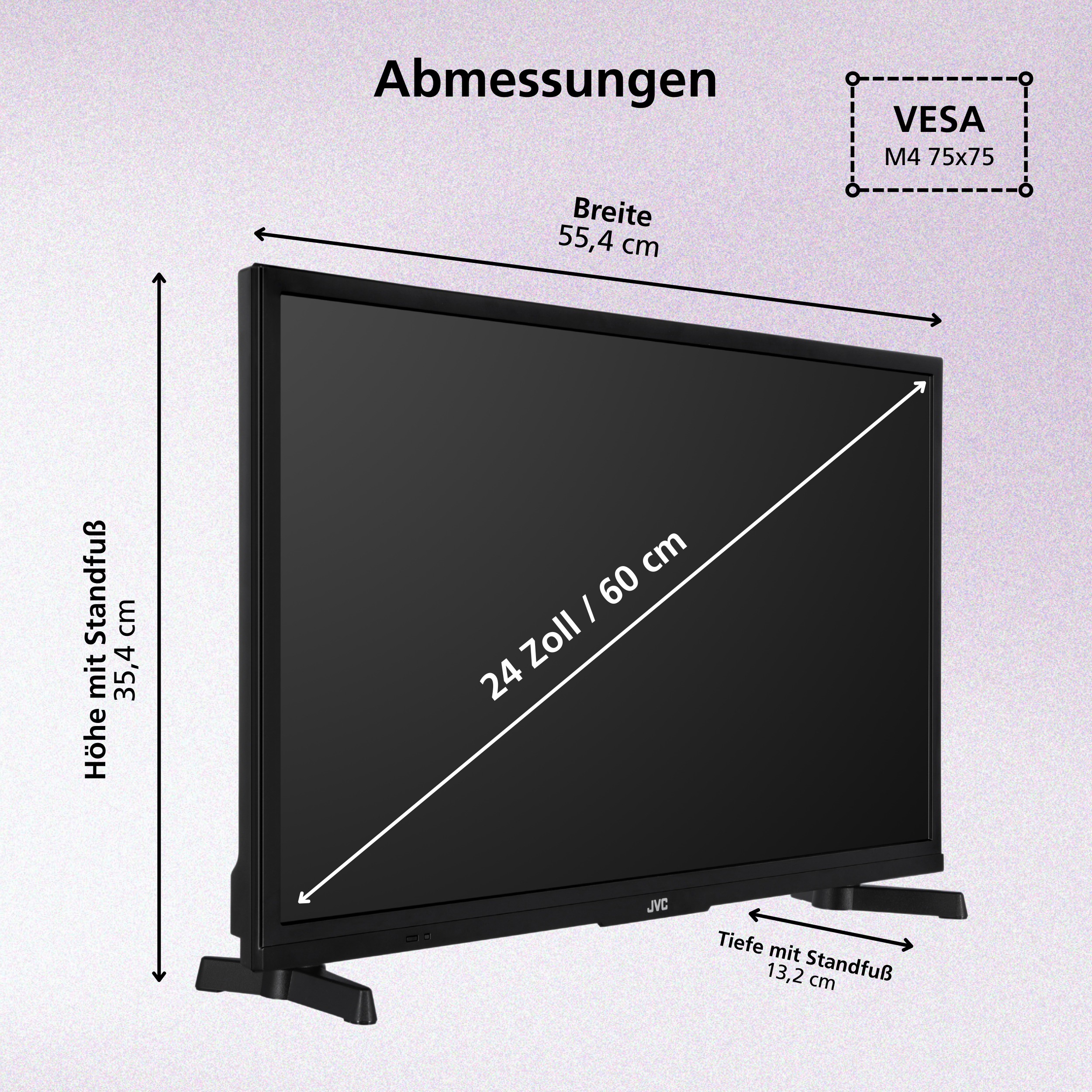 Ein schwarzer JVC Fernseher mit Standfuß, 24 Zoll, Breite 55,4 cm.