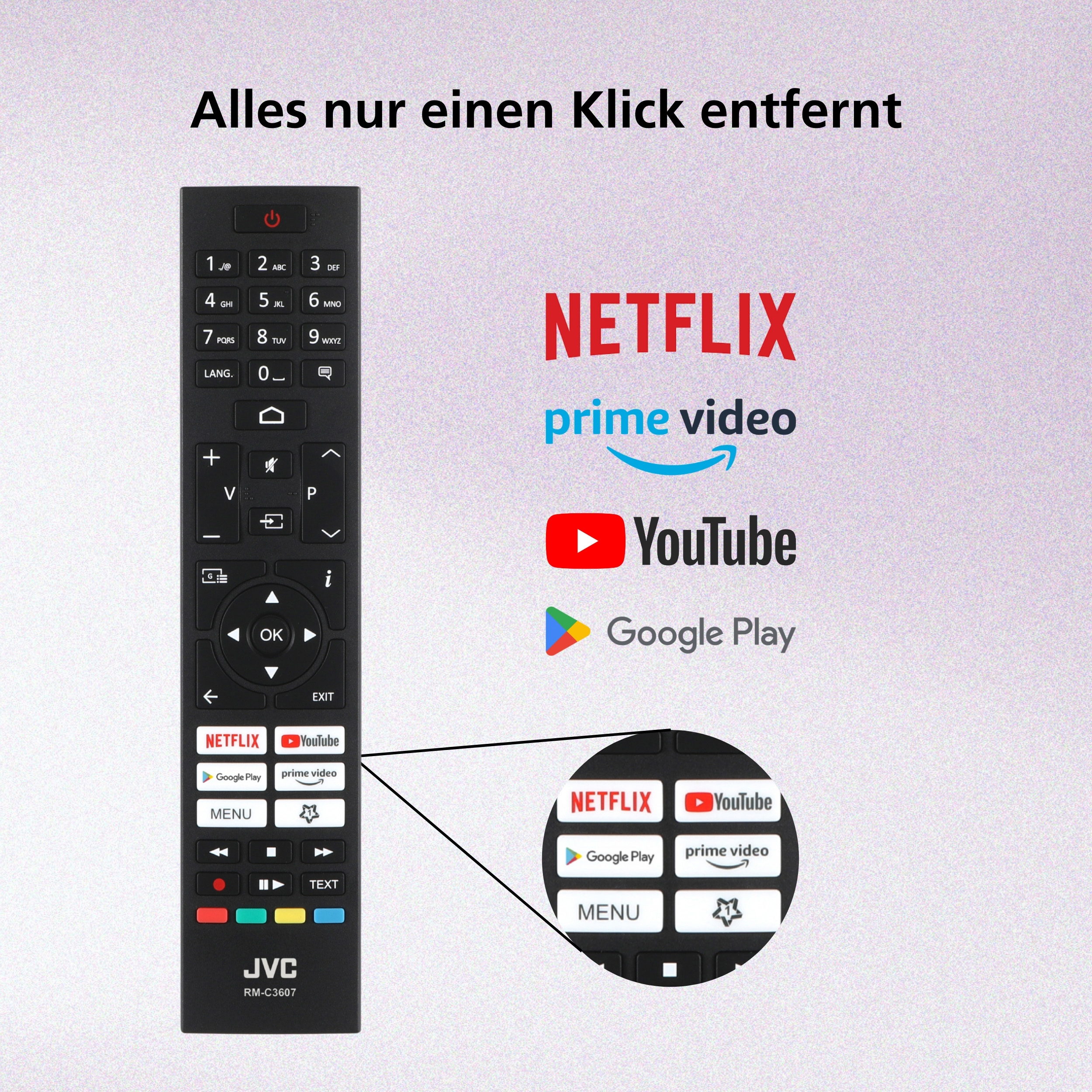 Ein schwarzer Fernbedienung mit Netflix, Prime Video, YouTube, Google Play Logos.