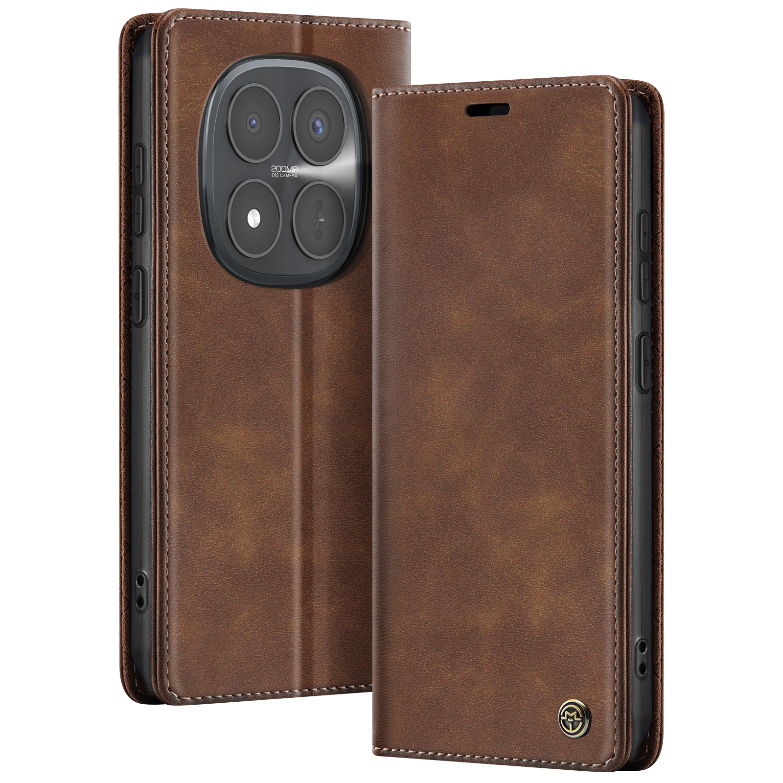 Custodia a libro in pelle marrone per smartphone, con grande modulo fotocamera, su bianco.