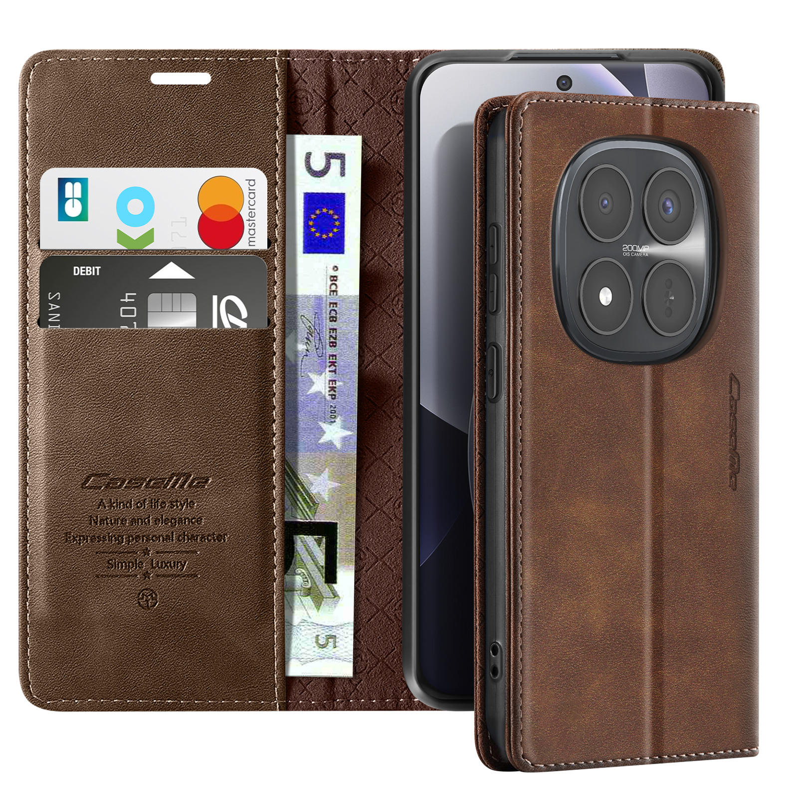 Custodia in pelle marrone con telefono, carte e banconota.