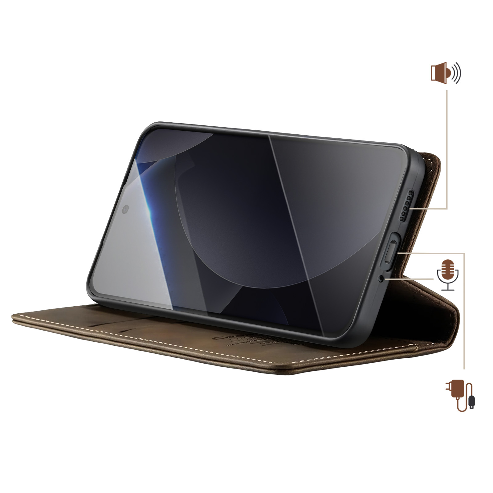 Uno smartphone in una custodia a libro in pelle marrone, con pulsanti e porte.