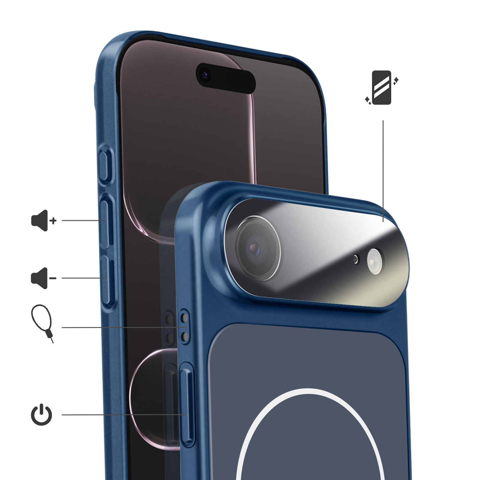 Custodia blu scuro per telefono con ritaglio fotocamera e tasti volume.