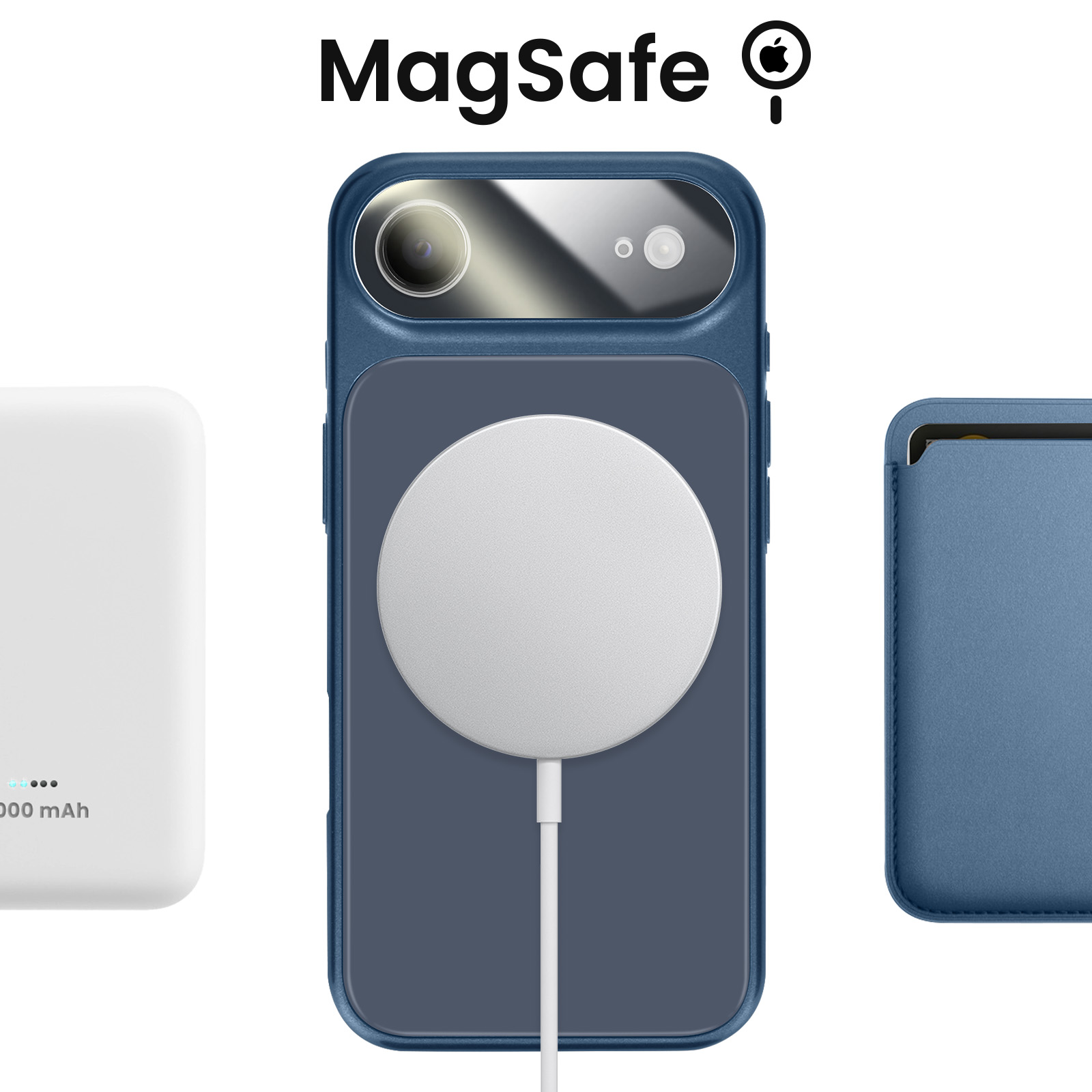 Power bank bianca, custodia blu per iPhone con caricatore MagSafe e porta carte.