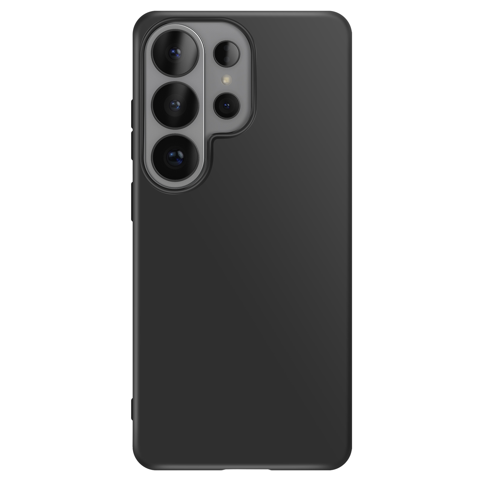 Coque de téléphone noire avec un module caméra proéminent à quatre objectifs.