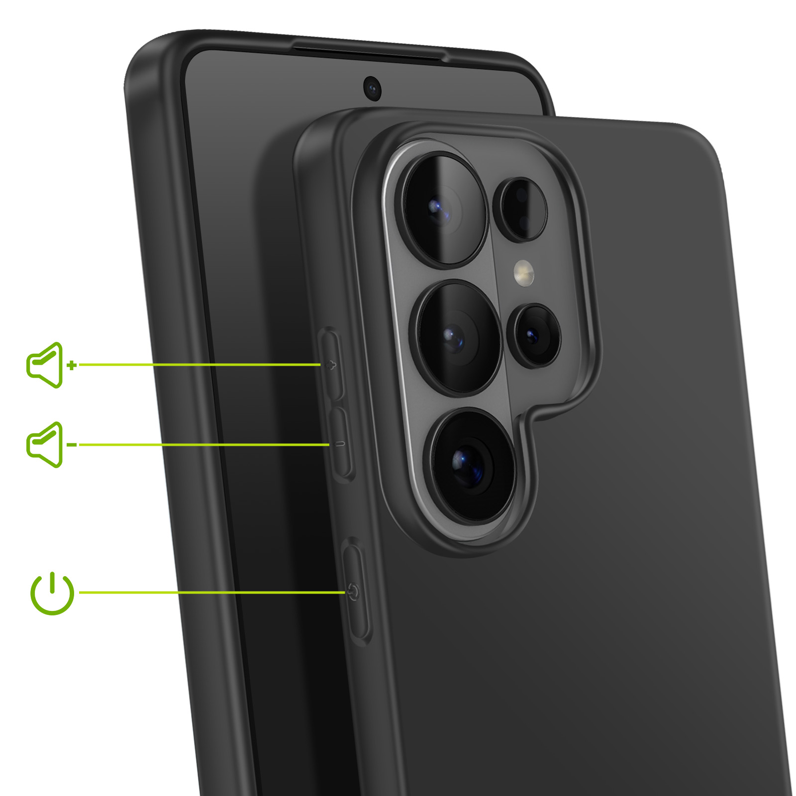 Smartphone noir avec objectifs de caméra et icônes de boutons volume/alimentation.