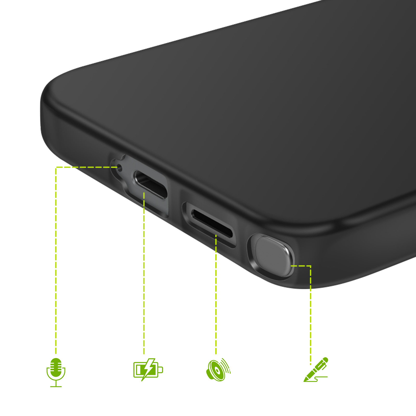 Coque de téléphone noire montrant les ports, avec icônes micro, charge, son et stylet.