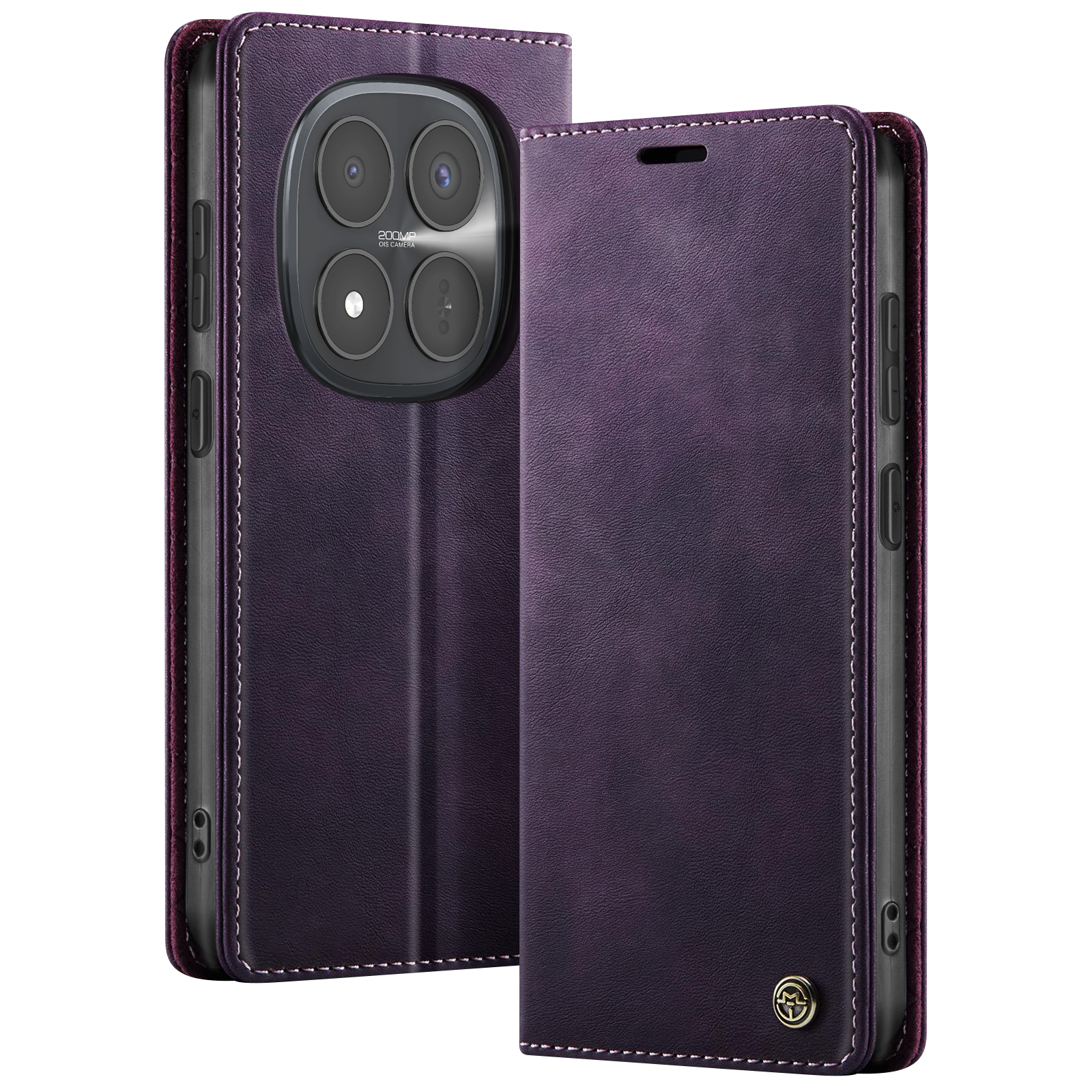Custodia in pelle viola per telefono con fotocamera da 200MP e cuciture.