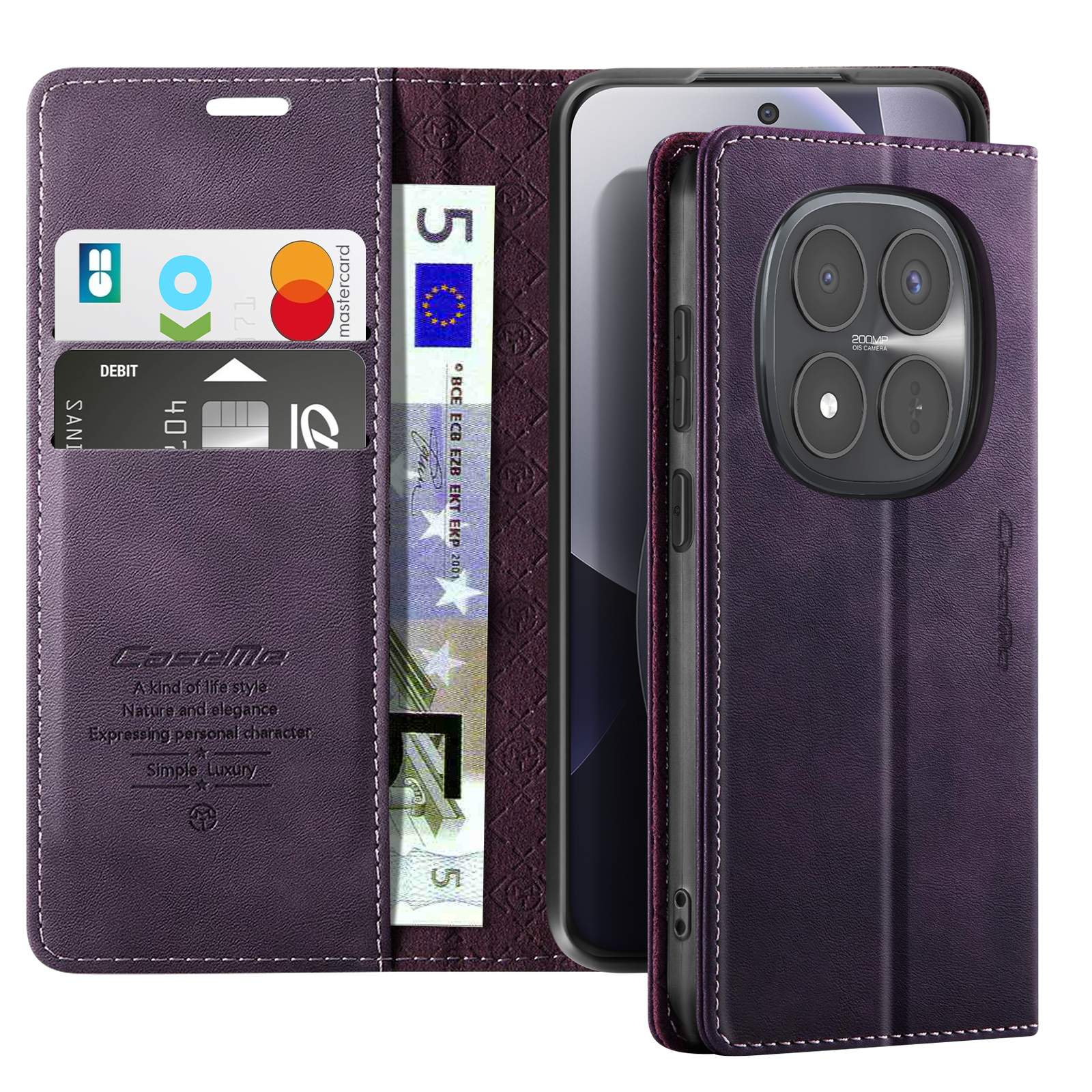 Custodia viola per telefono con slot per carte, una banconota da 5 euro e fotocamera.