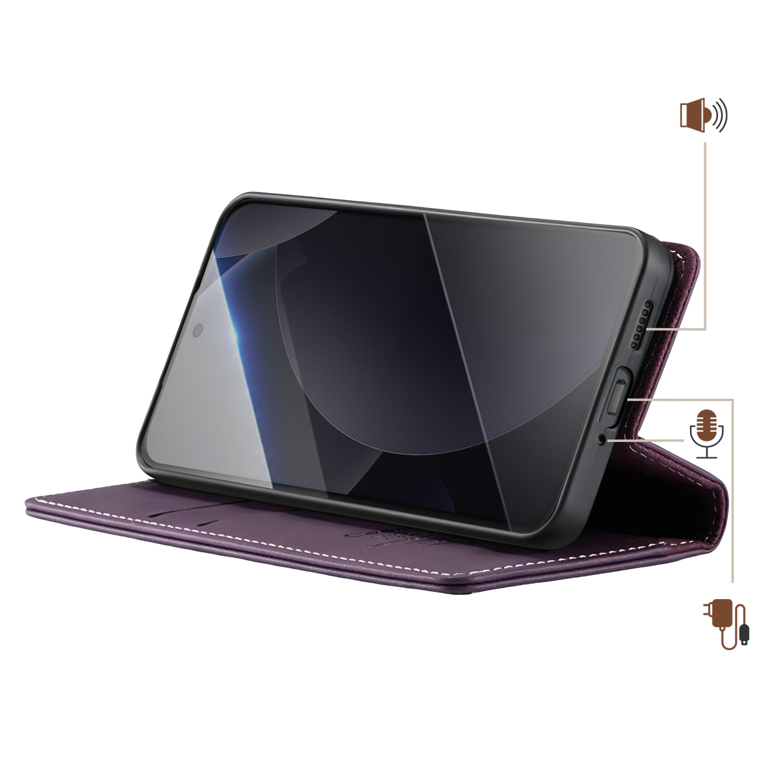 Custodia viola aperta, mostra telefono, icone altoparlante e microfono.