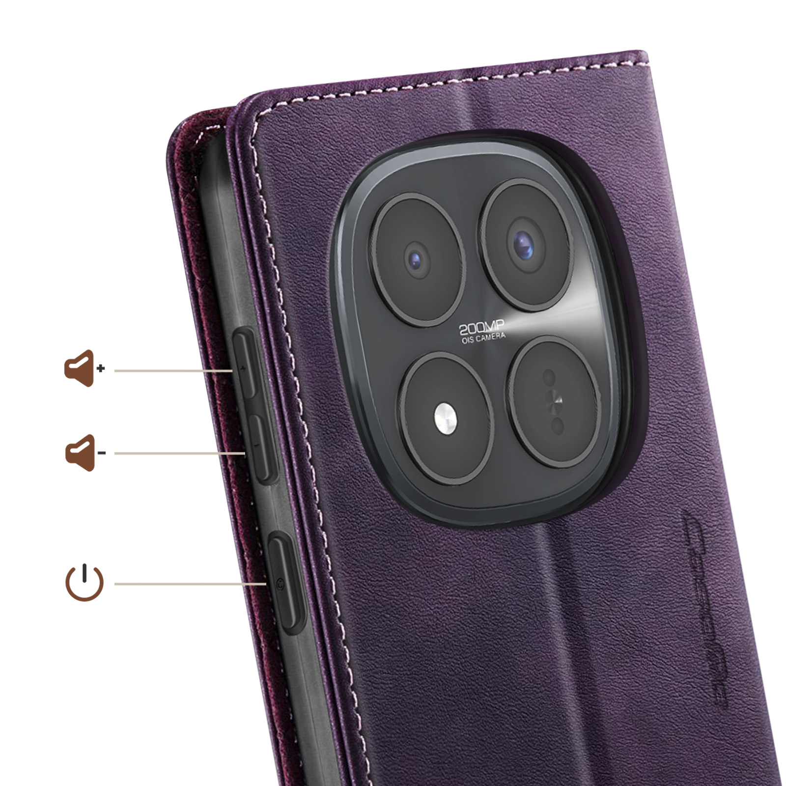 Custodia viola per telefono con fotocamera e pulsanti. Vista ravvicinata.