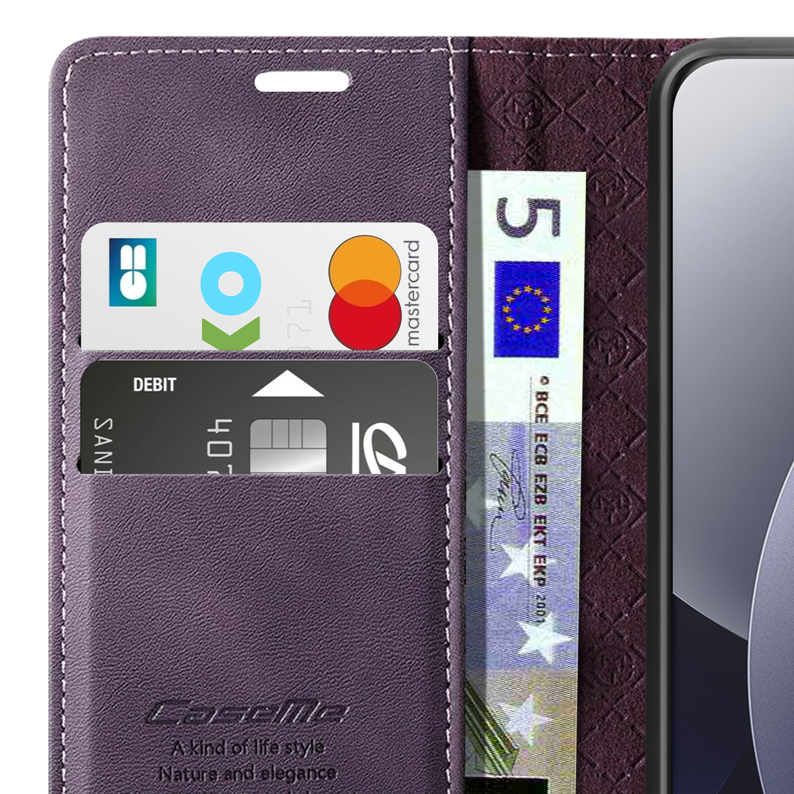 Custodia viola per telefono con fessure per carte, carta di credito e banconota da 5 euro.