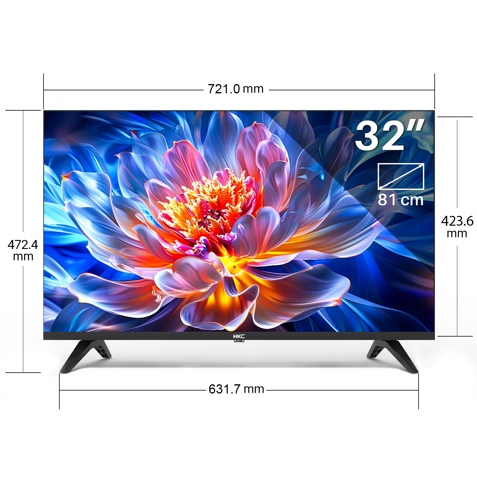 Ein 32-Zoll-Fernseher mit blauer und pinker Blume auf dem Bildschirm, Maße angegeben.