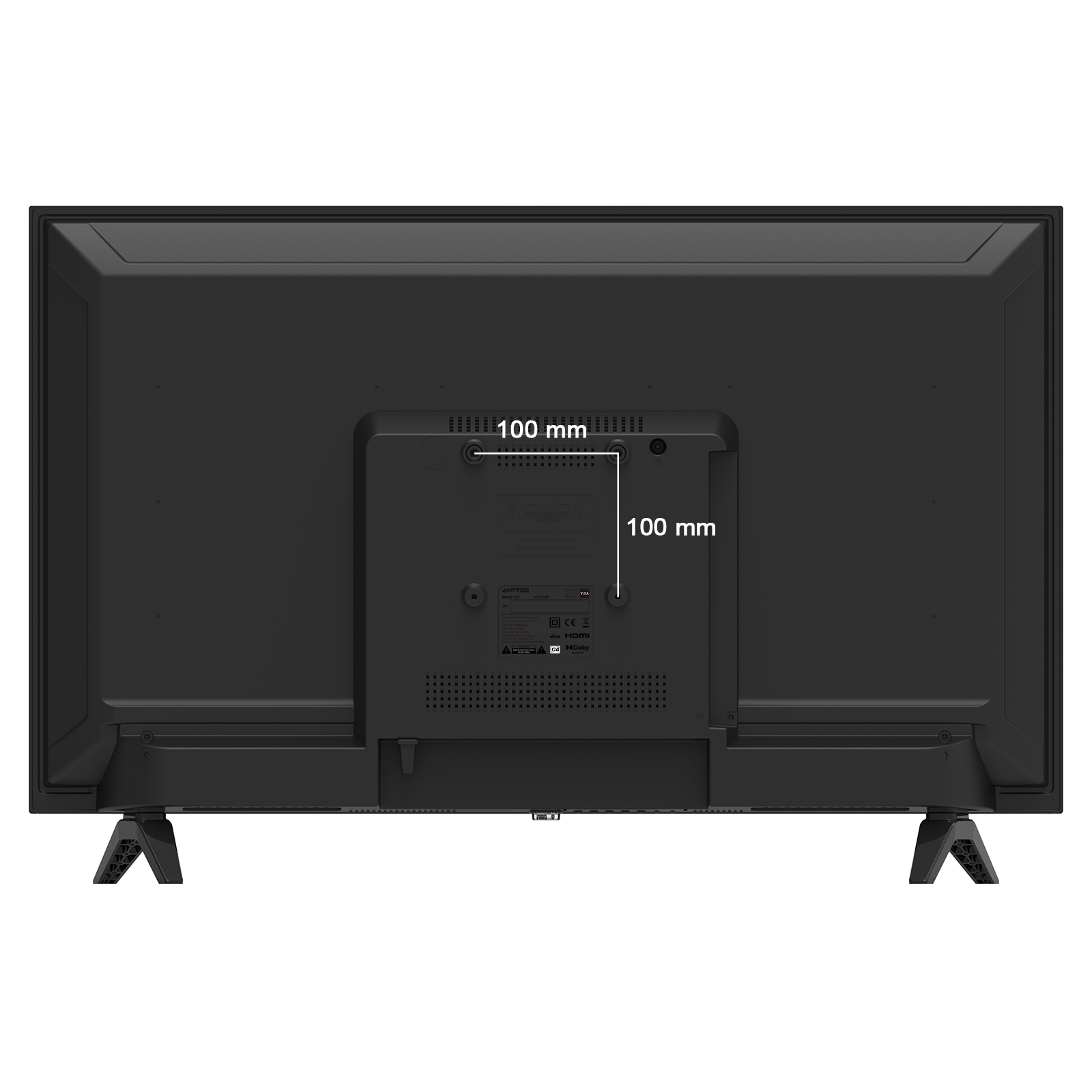 Rückseite eines schwarzen Fernsehers mit VESA-Montagelöchern (100 mm x 100 mm).