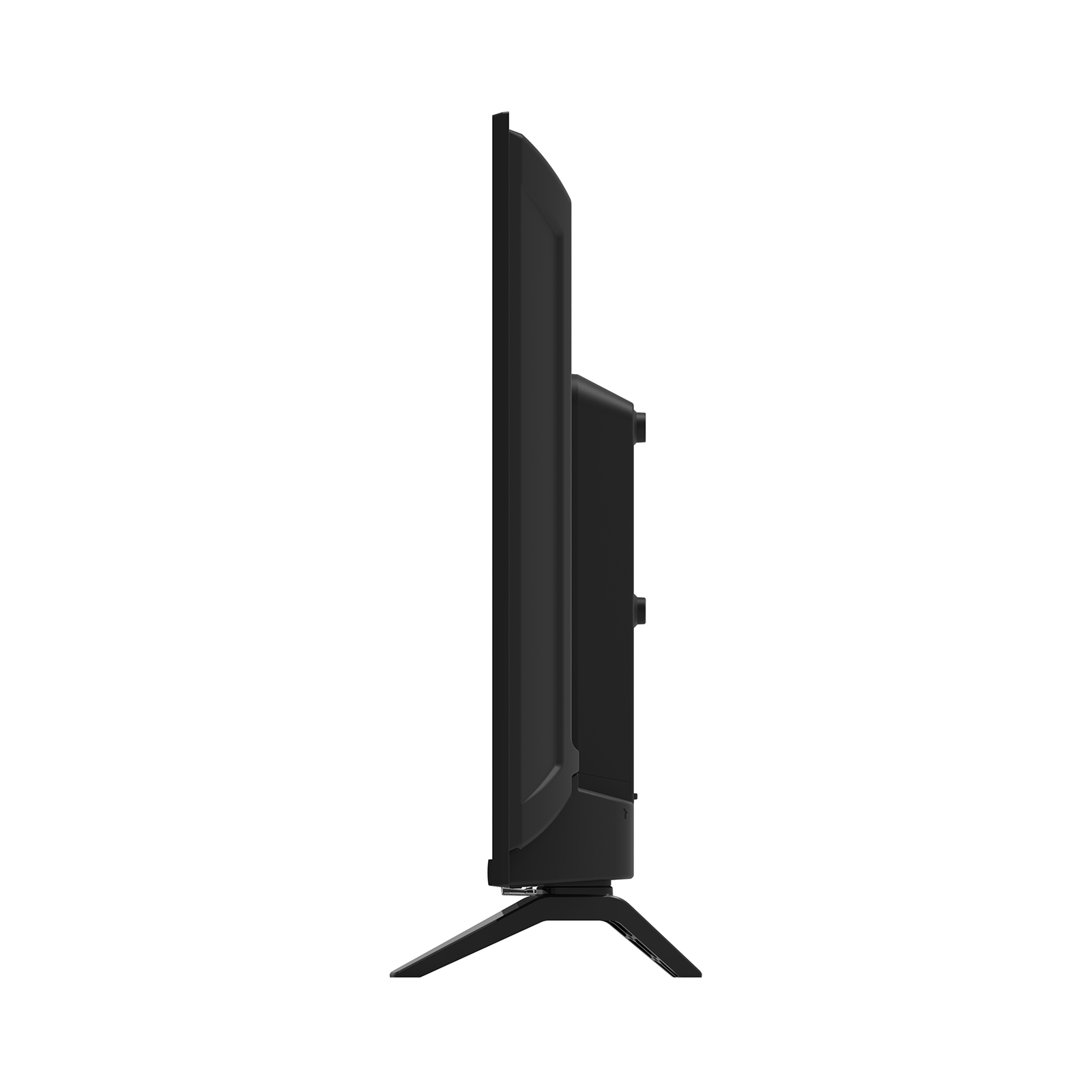 Schwarzer Fernseher mit Standfuß, von der Seite gesehen, auf weißem Hintergrund.