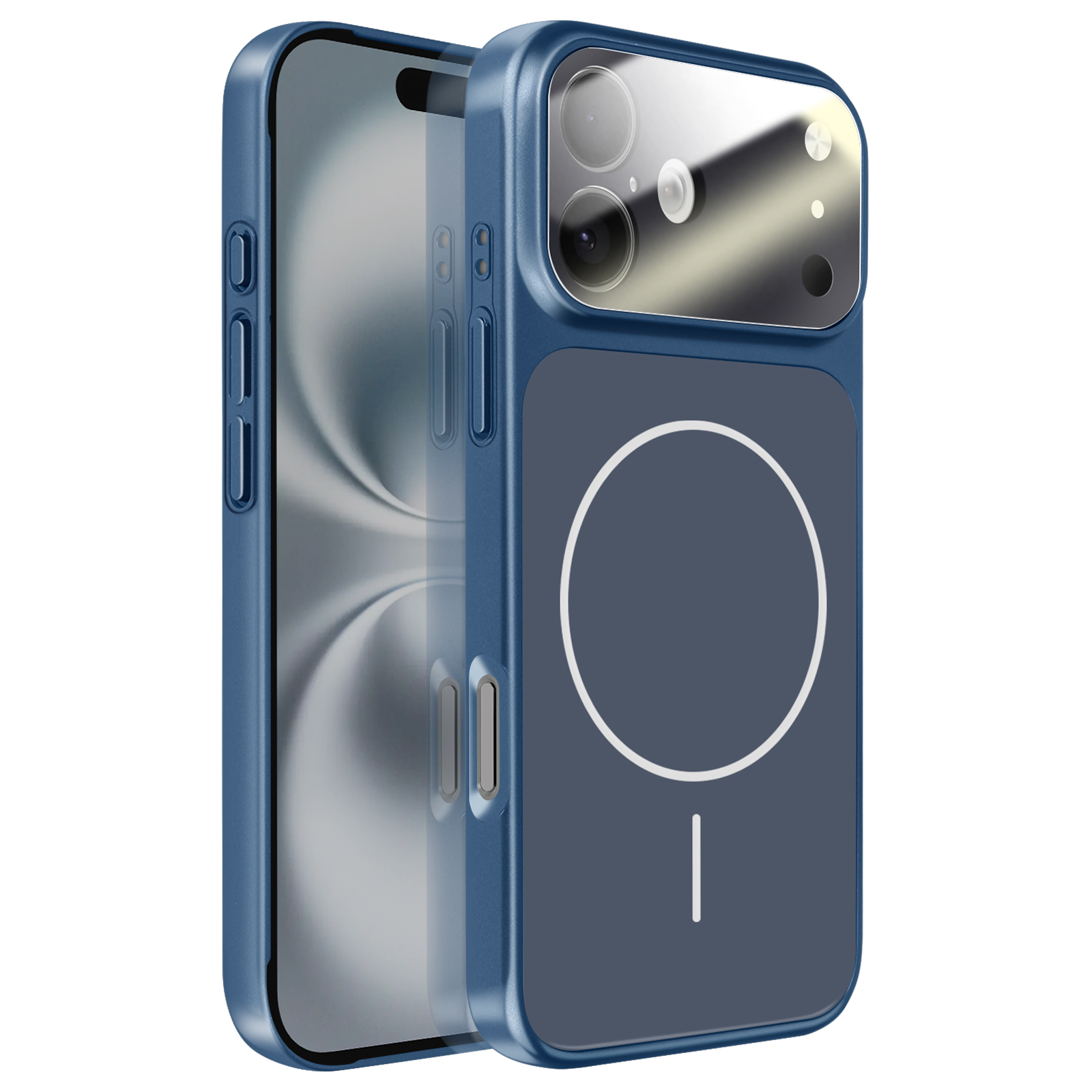 Blauwe telefoonhoes met cameralenzen en magnetische cirkel.