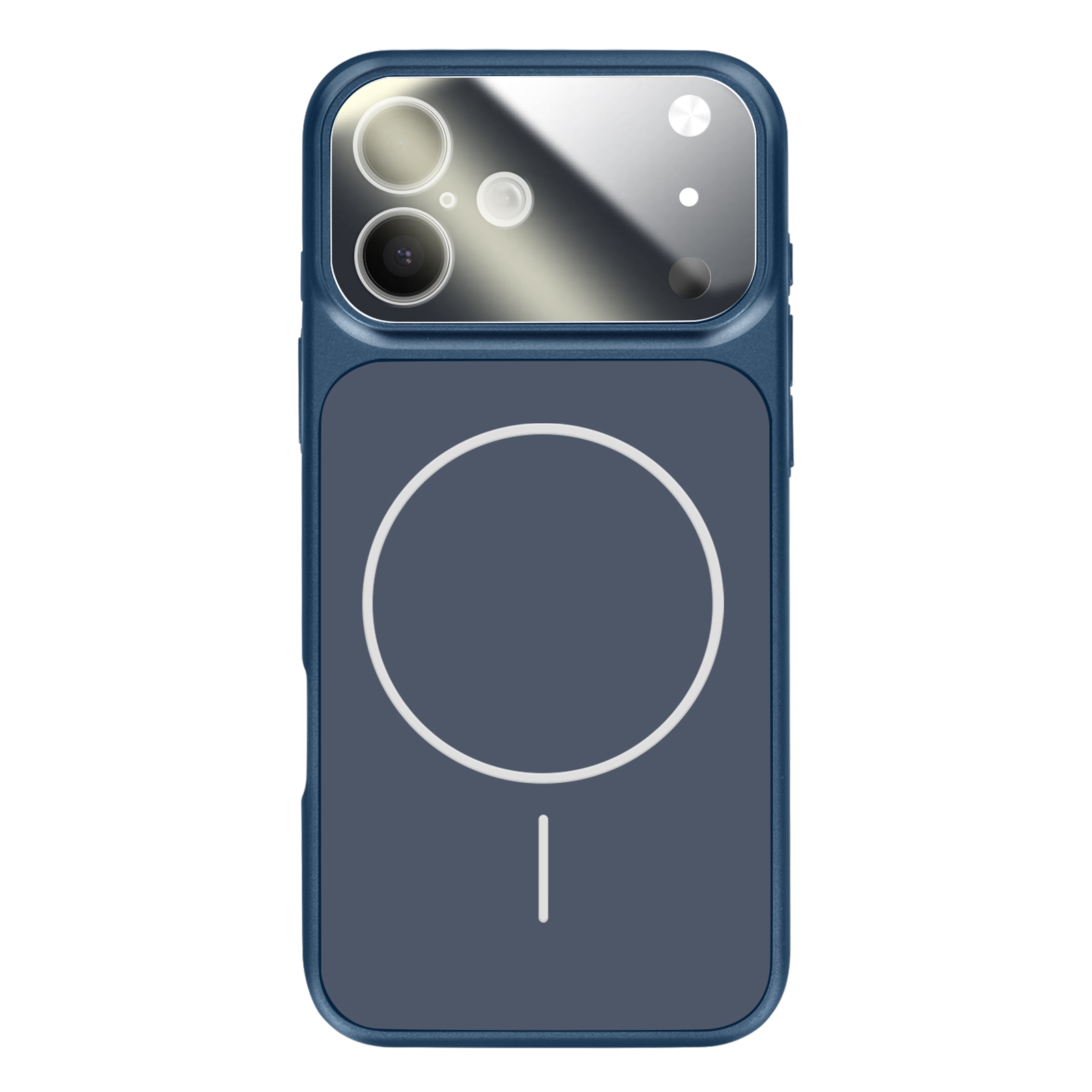 Een blauwe telefoonhoes met een cirkelvormige uitsparing en een lijn.
