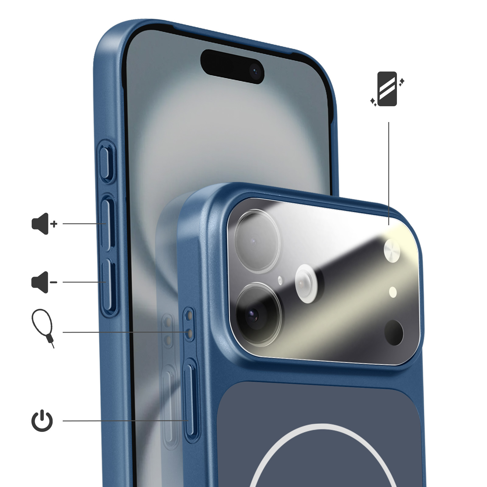 Blauwe telefoonhoes met cameralenzen, knoppen en pictogrammen voor volume en stroom.