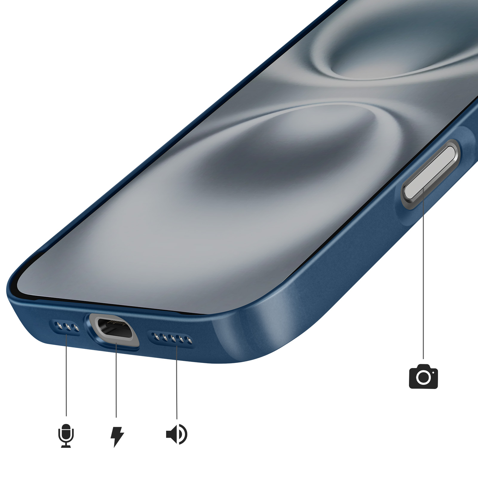 Bovenaanzicht van een blauwe telefoon met poorten en pictogrammen voor microfoon, opladen en luidspreker.
