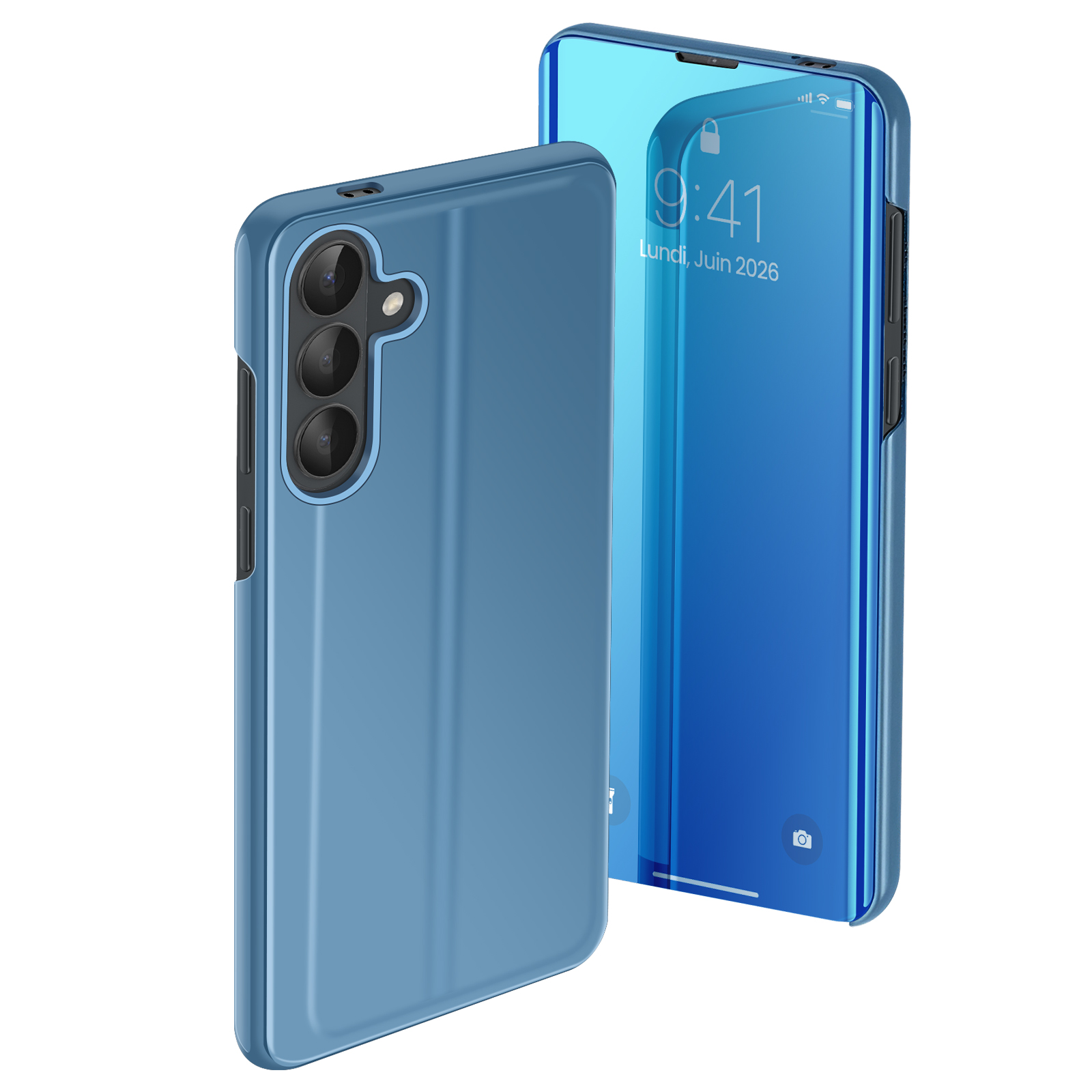 Een blauwe telefoonhoes en een blauwe smartphone met vergrendeld scherm.