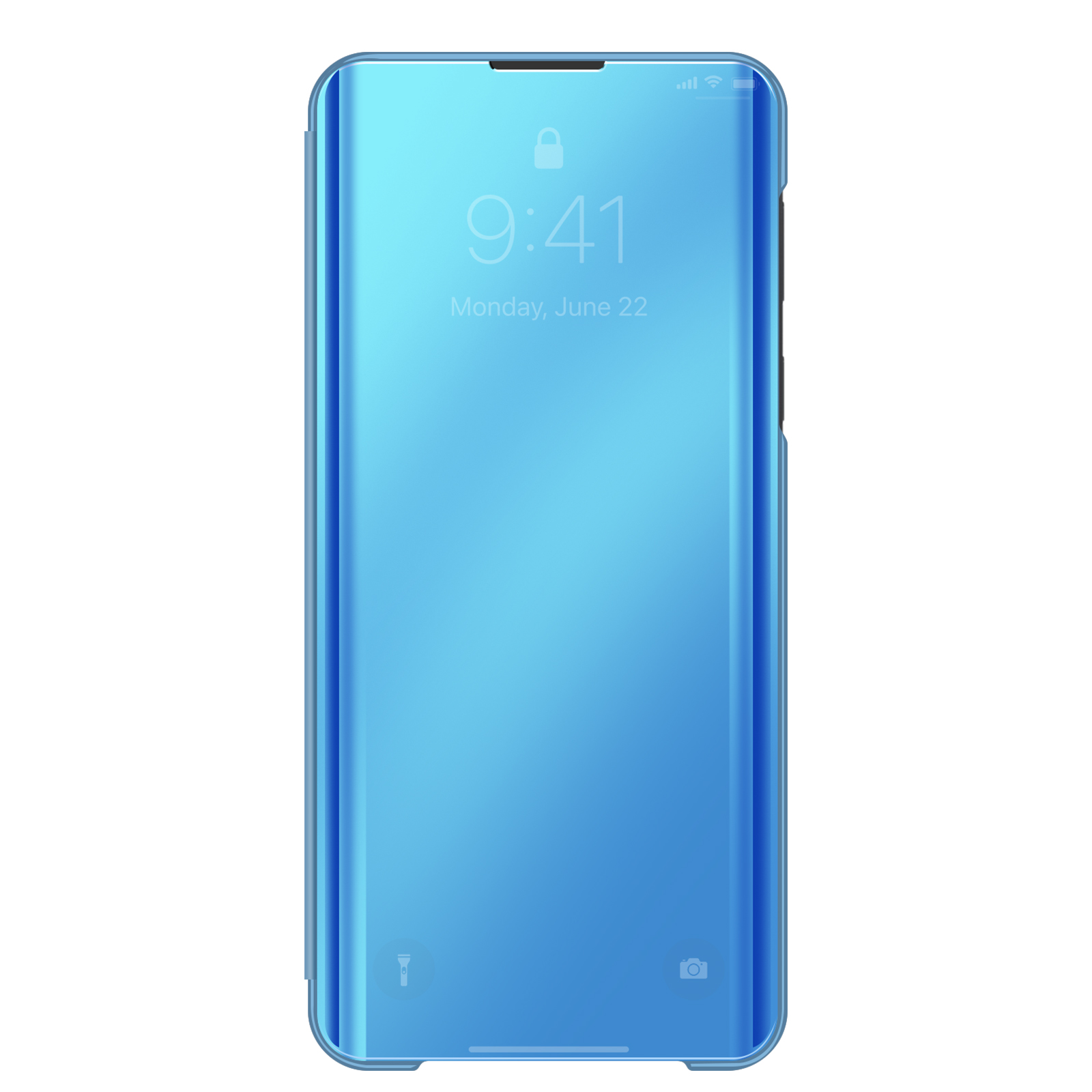 Een blauwe spiegel flip case voor smartphone met vergrendelingsscherm.