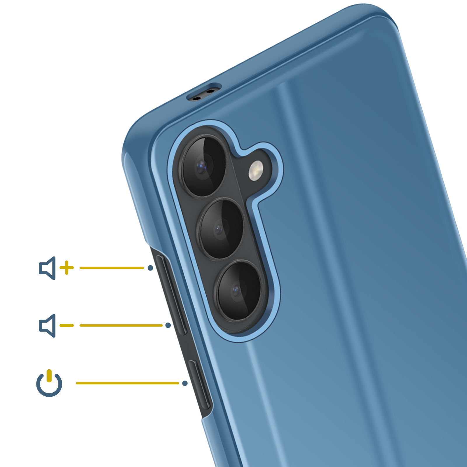 Blauwe telefoonhoes met drie camera's, volume- en aan/uit-knoppen.