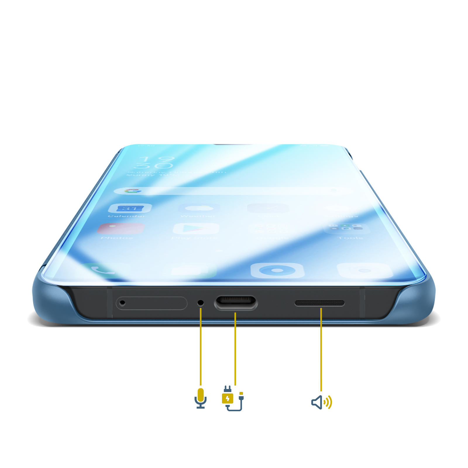 Close-up van een blauwe smartphone met USB-C-poort, microfoon en luidspreker.
