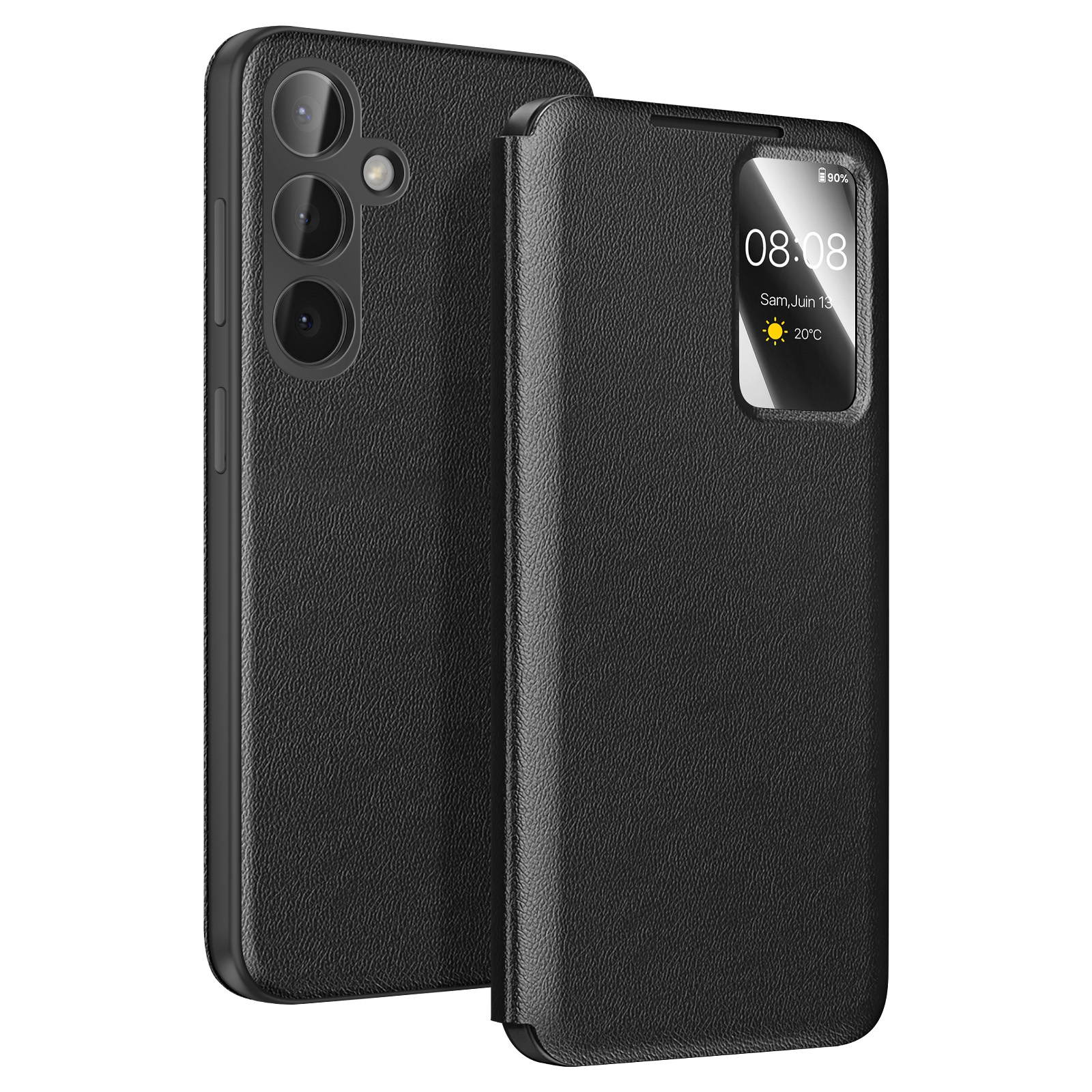 Telefono nero con custodia in pelle, con ritaglio per lo schermo che mostra ora e meteo.