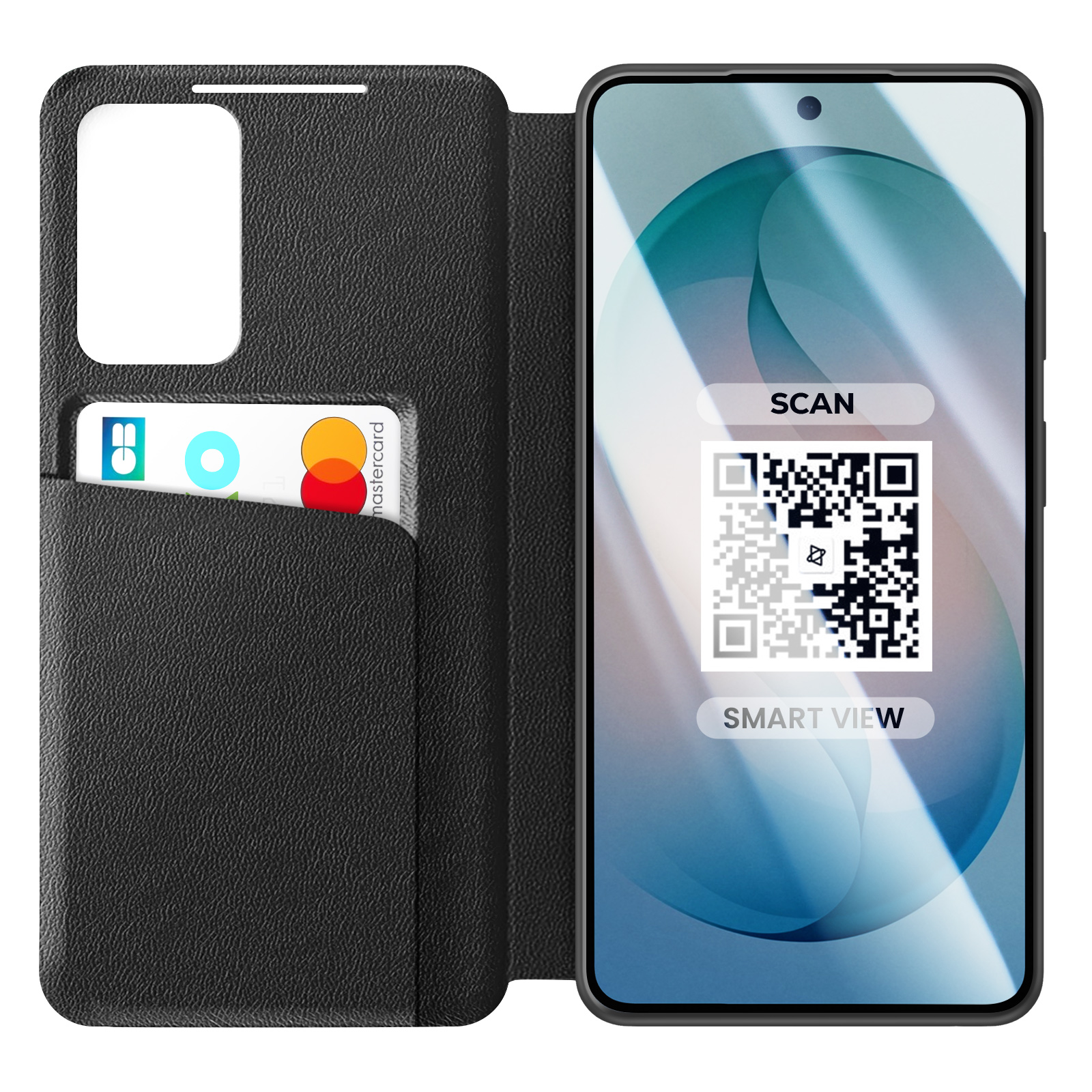 Un telefono nero con custodia aperta. La custodia ha uno slot per carte.