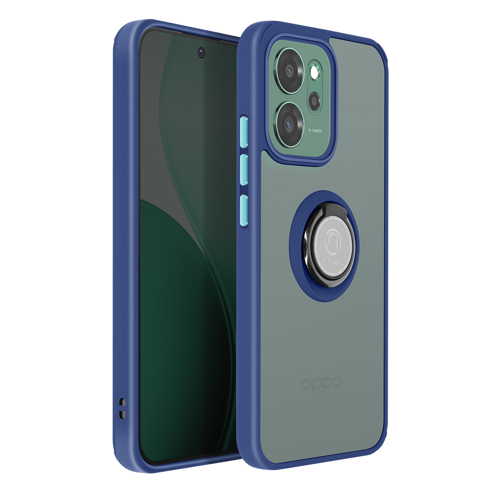 Blauw telefoonhoesje met ringhouder en cameralenzen.