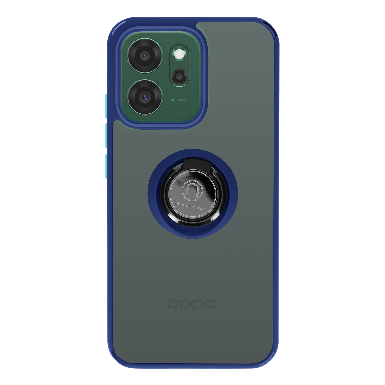 Een blauwe telefoonhoes met cameralens en magneetring.