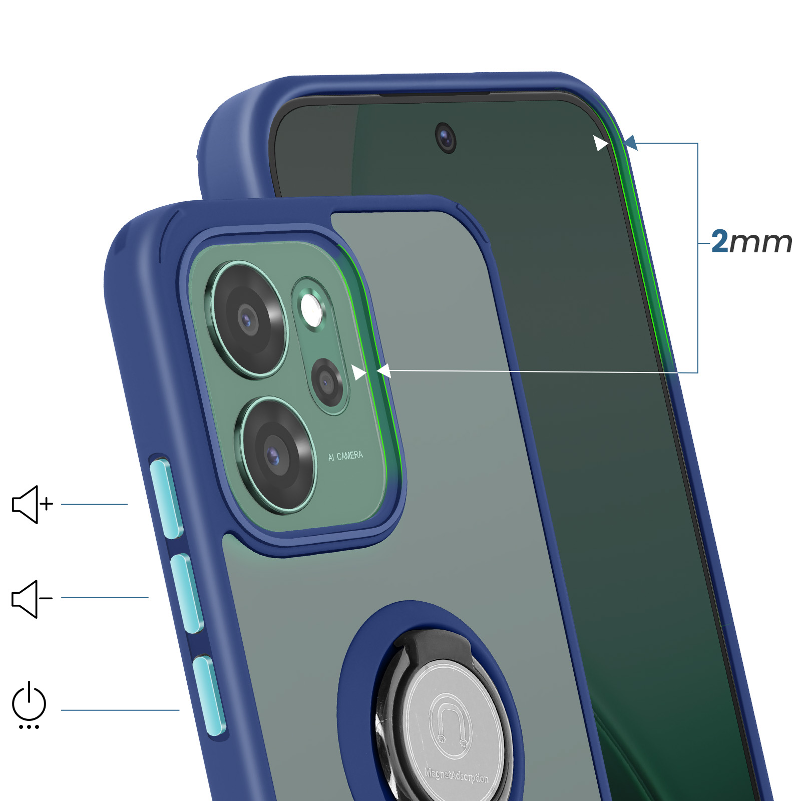 Blauw telefoonhoesje met doorzichtig achterpaneel, camera en ringhouder.