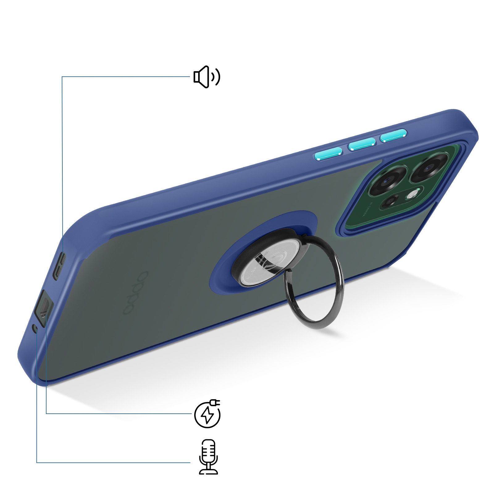 Blauwe telefoonhoes met ringhouder, luidspreker- en microfoonpictogrammen.