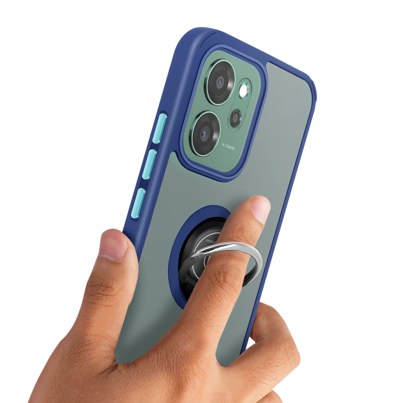 Hand met blauwe telefoonhoes, ringhouder en drievoudige camera.