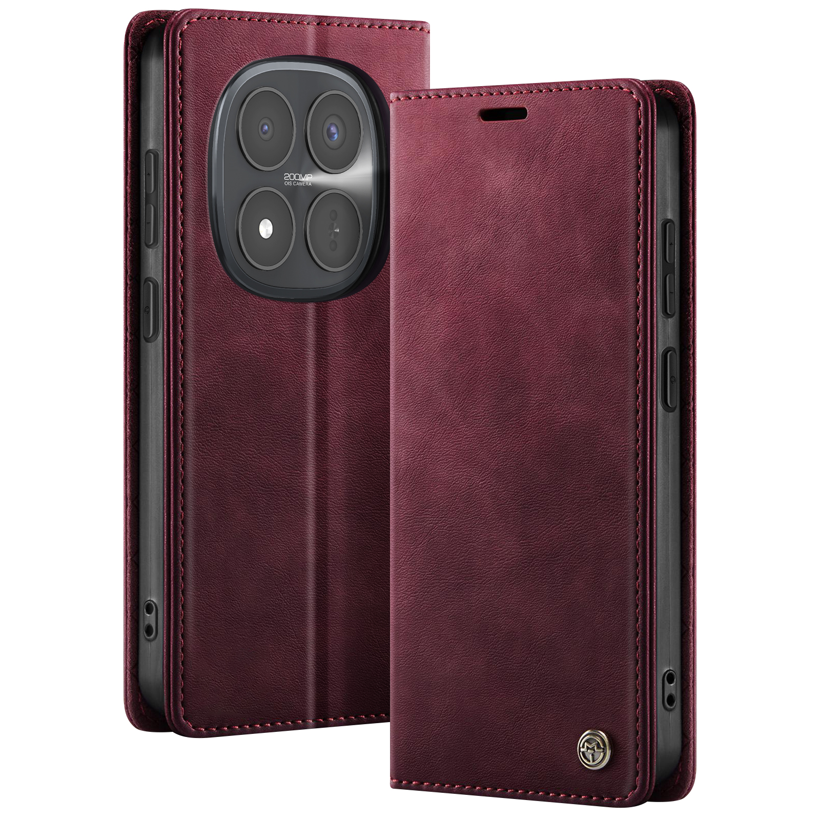 Custodia a libro in pelle rosso scuro per smartphone, con modulo fotocamera.