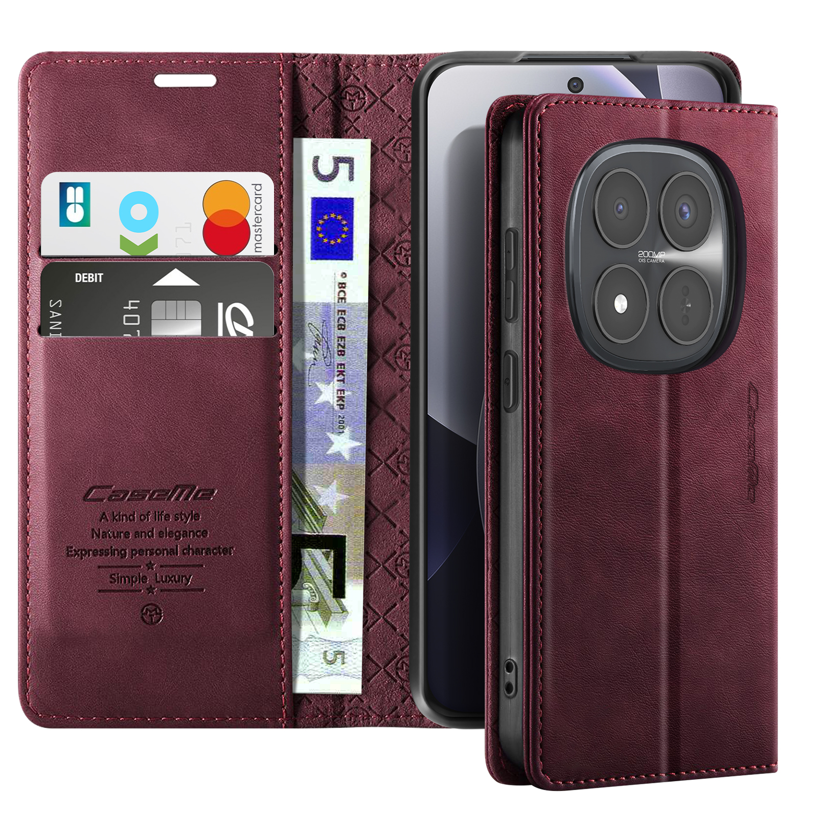 Una custodia per telefono bordeaux con slot per carte e una banconota da 5 euro.