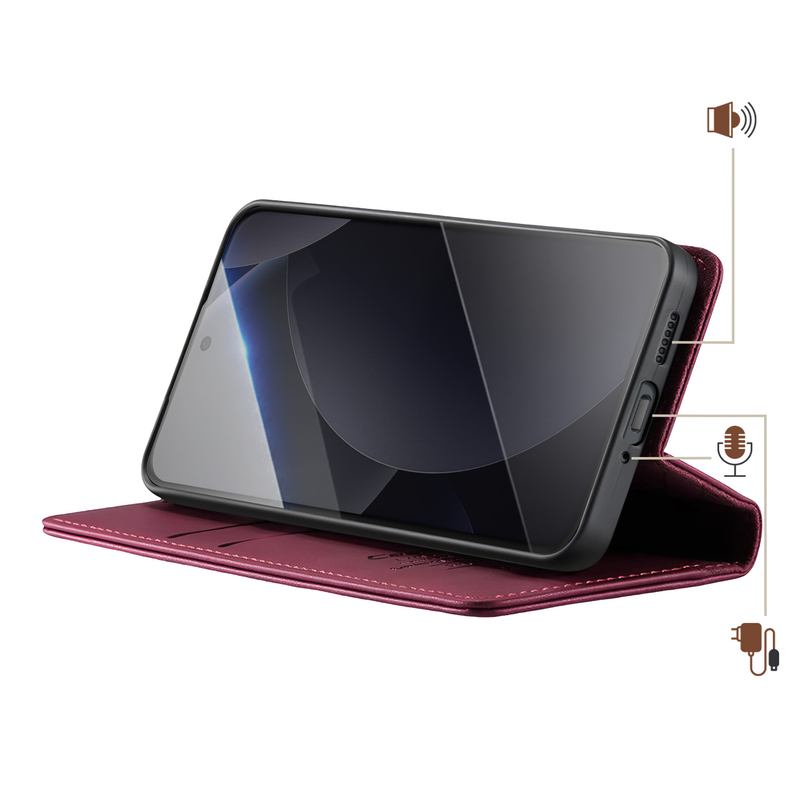 Uno smartphone in custodia bordeaux, in piedi. Altoparlante, microfono e porta di ricarica indicati.