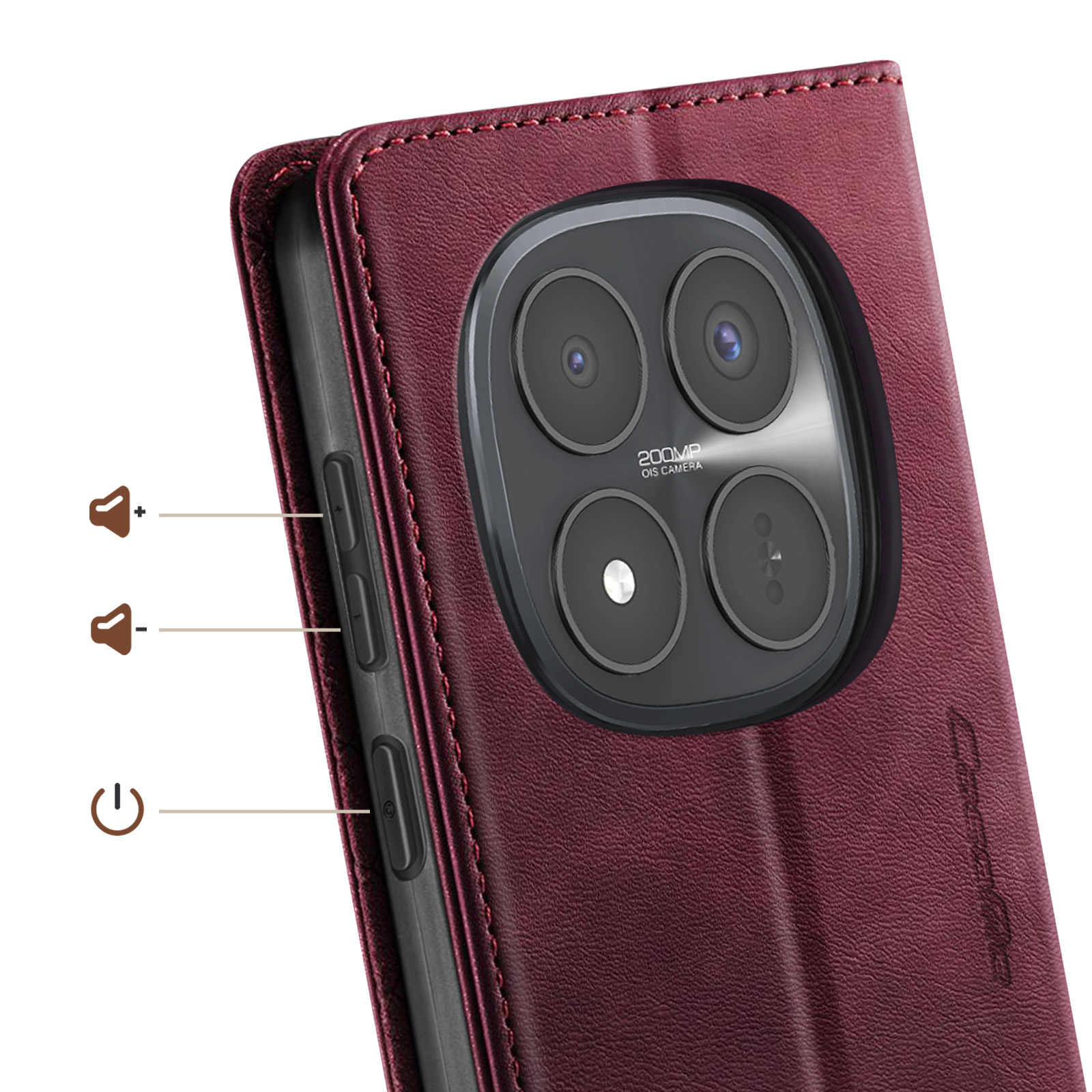 Custodia rossa per telefono con fotocamera da 200MP e pulsanti volume.