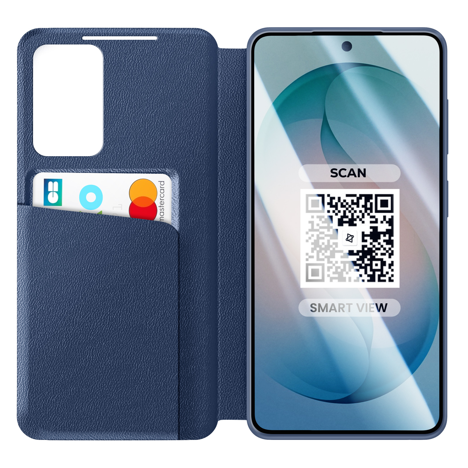 Custodia blu per telefono con slot per carte e codice QR visualizzato.