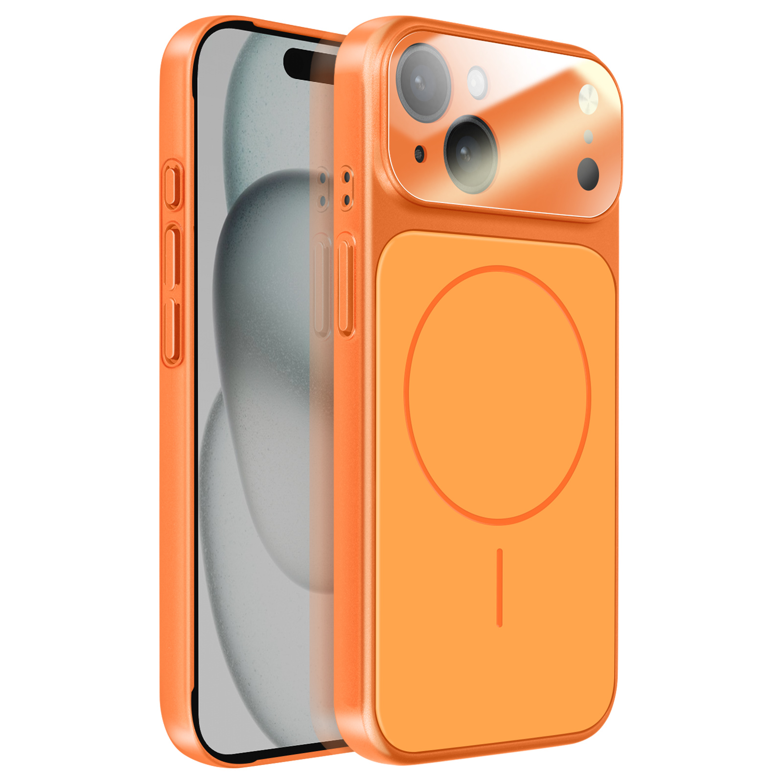 Téléphone orange avec module caméra et anneau magnétique au dos.