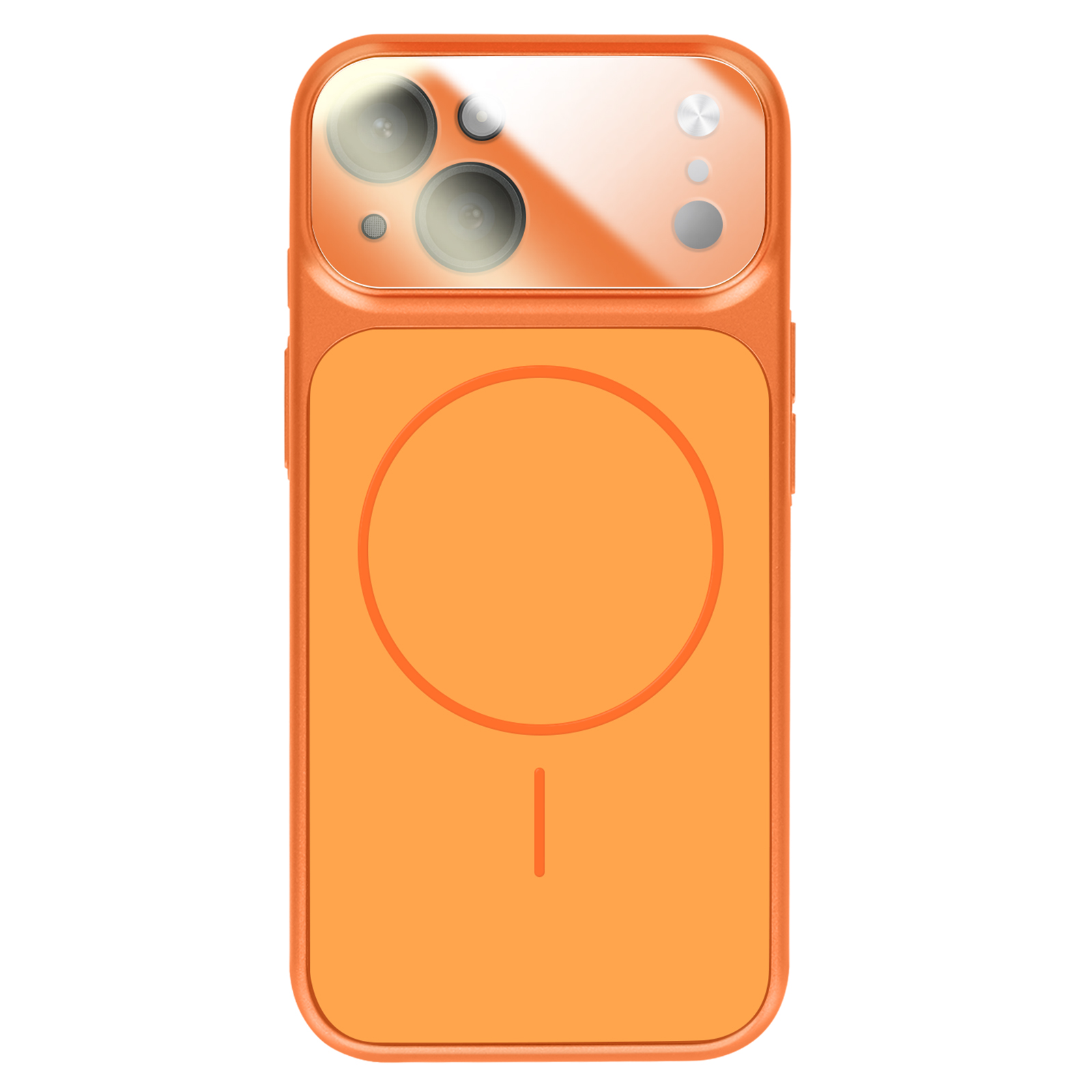 Une coque de téléphone orange avec trois objectifs et un anneau magnétique circulaire.