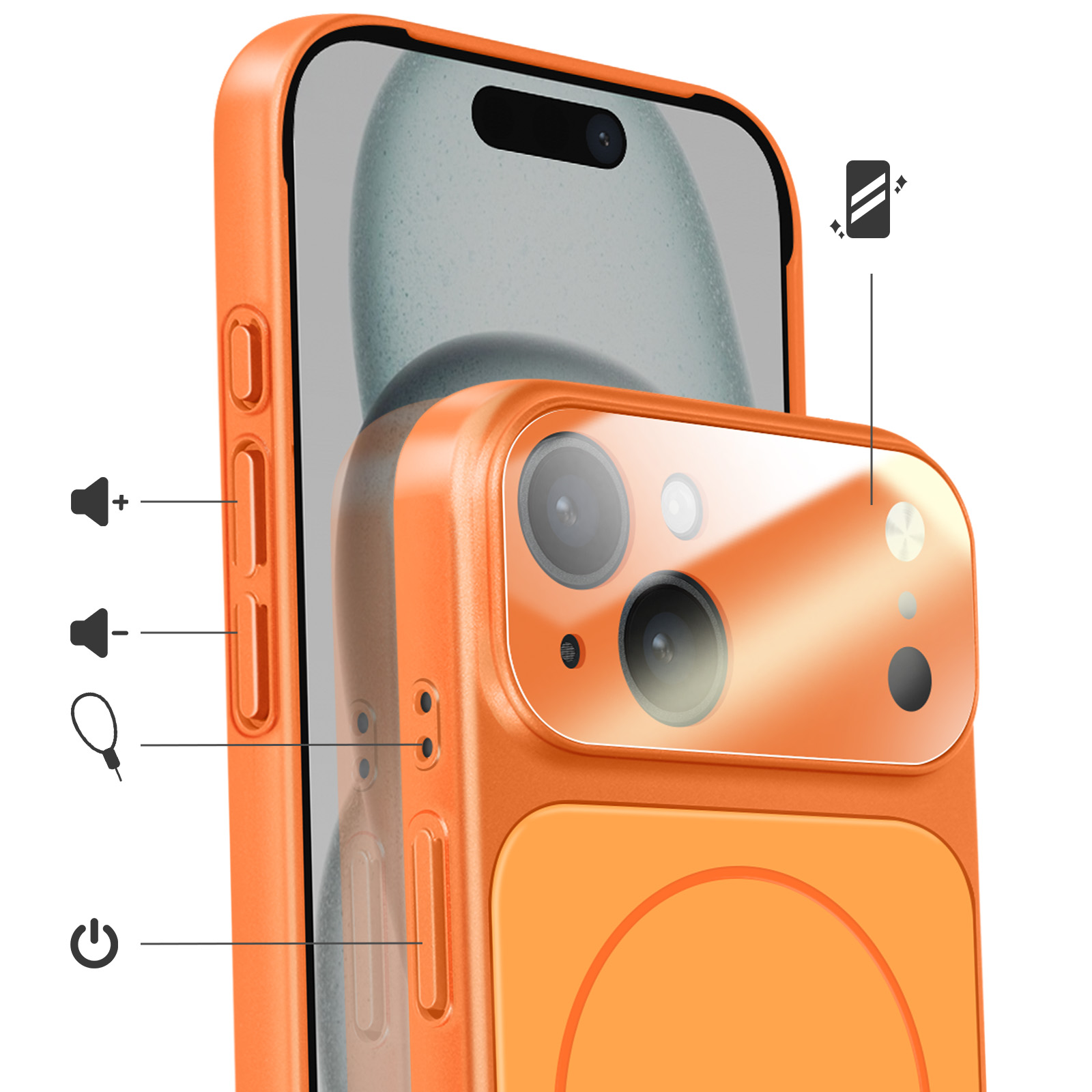 Coque de téléphone orange avec détail de lentille de caméra et boutons latéraux. Icônes affichées.