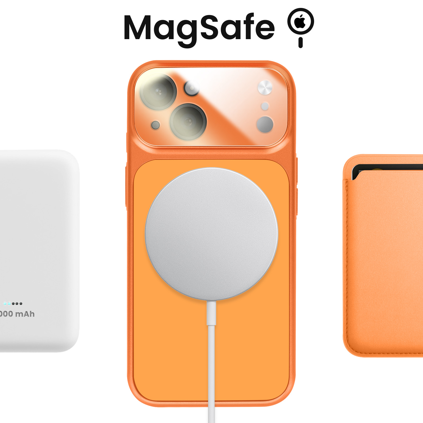 Coque orange pour iPhone avec chargeur MagSafe, batterie blanche et portefeuille.