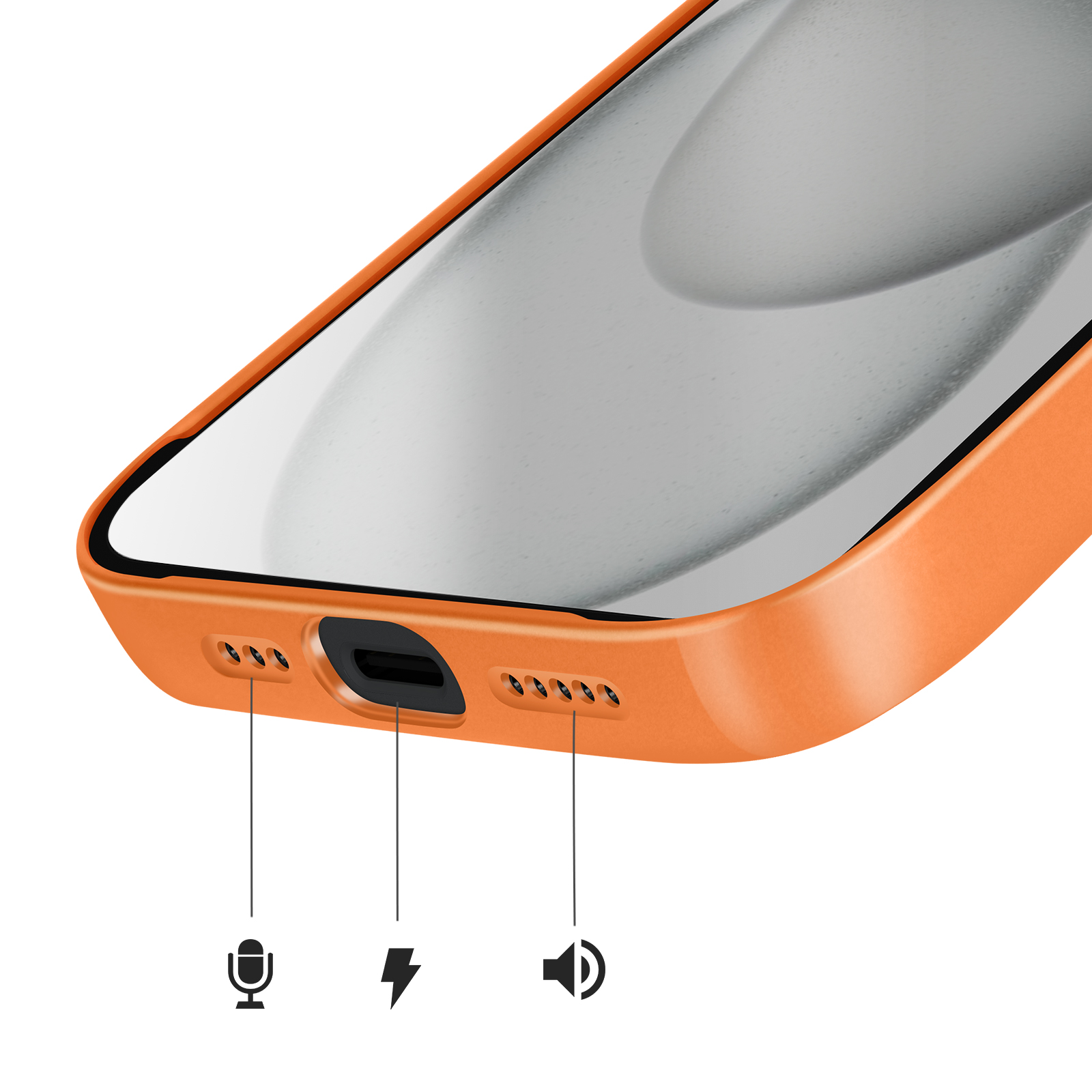 Bas de téléphone orange avec port de charge, microphone et grilles de haut-parleur.