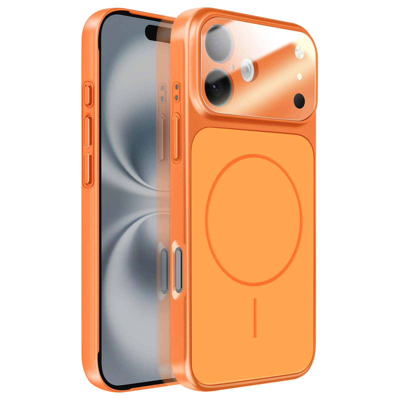 Custodia arancione per telefono con anello magnetico e isola per fotocamera.