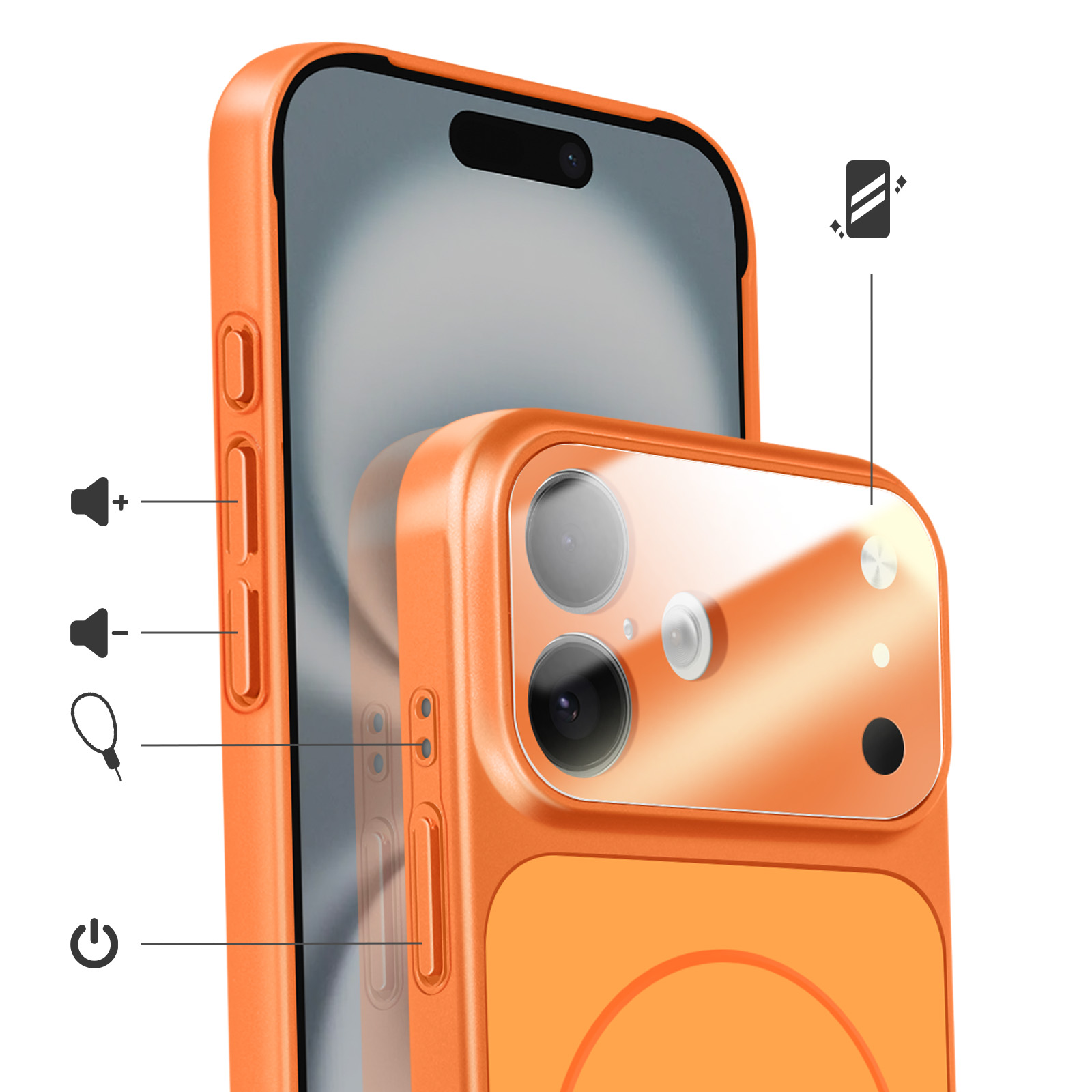 Custodia arancione per telefono con fotocamere e pulsanti.