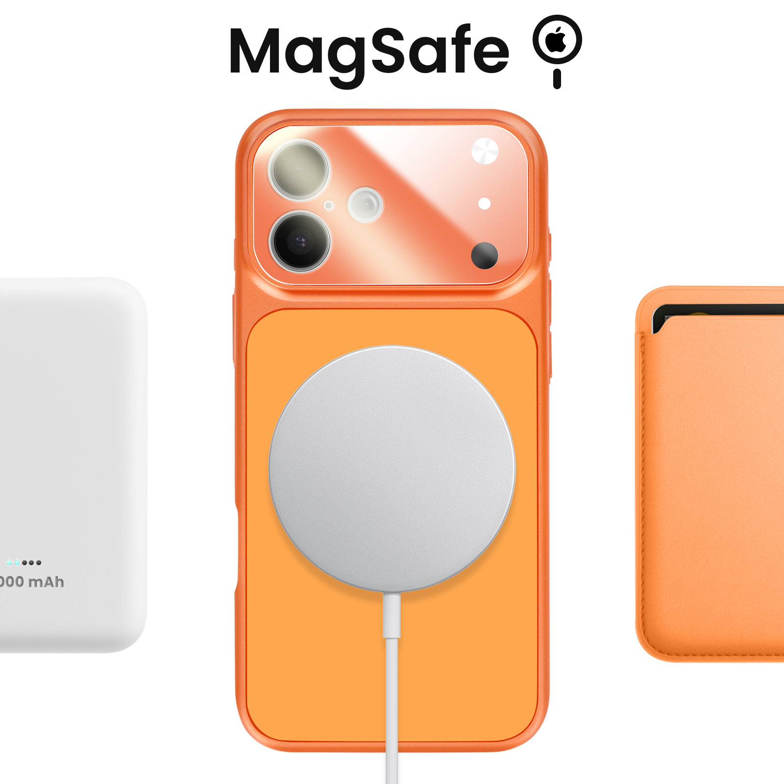Custodia arancione per iPhone con caricatore MagSafe e batteria bianca.