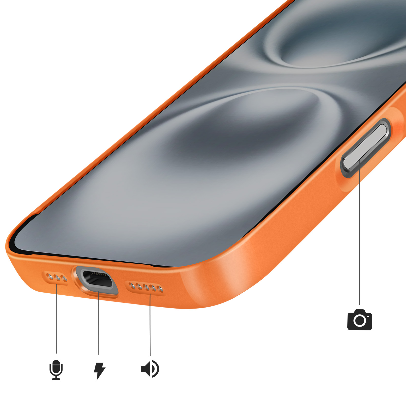 Custodia arancione per telefono con icone microfono, ricarica e altoparlante in basso.