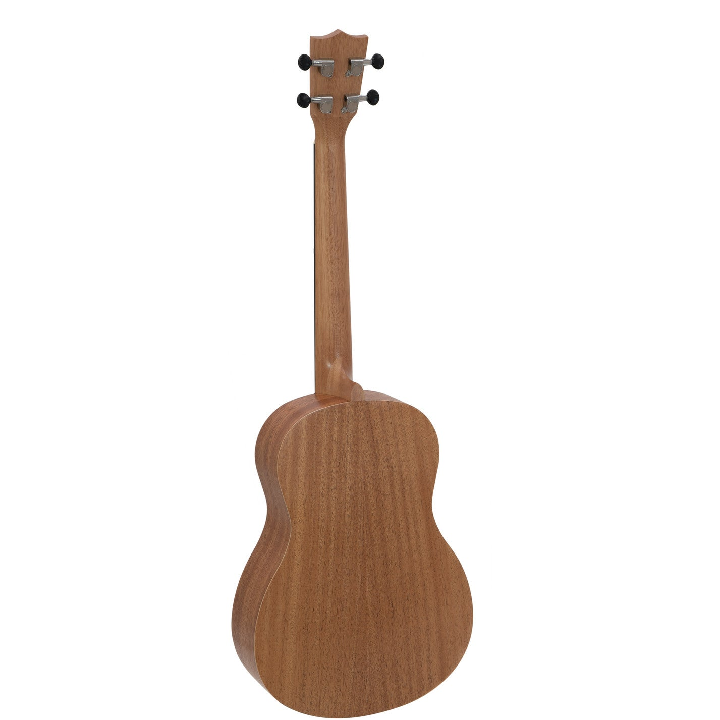 Achterkant van een houten ukulele met vier stemknoppen op witte achtergrond.