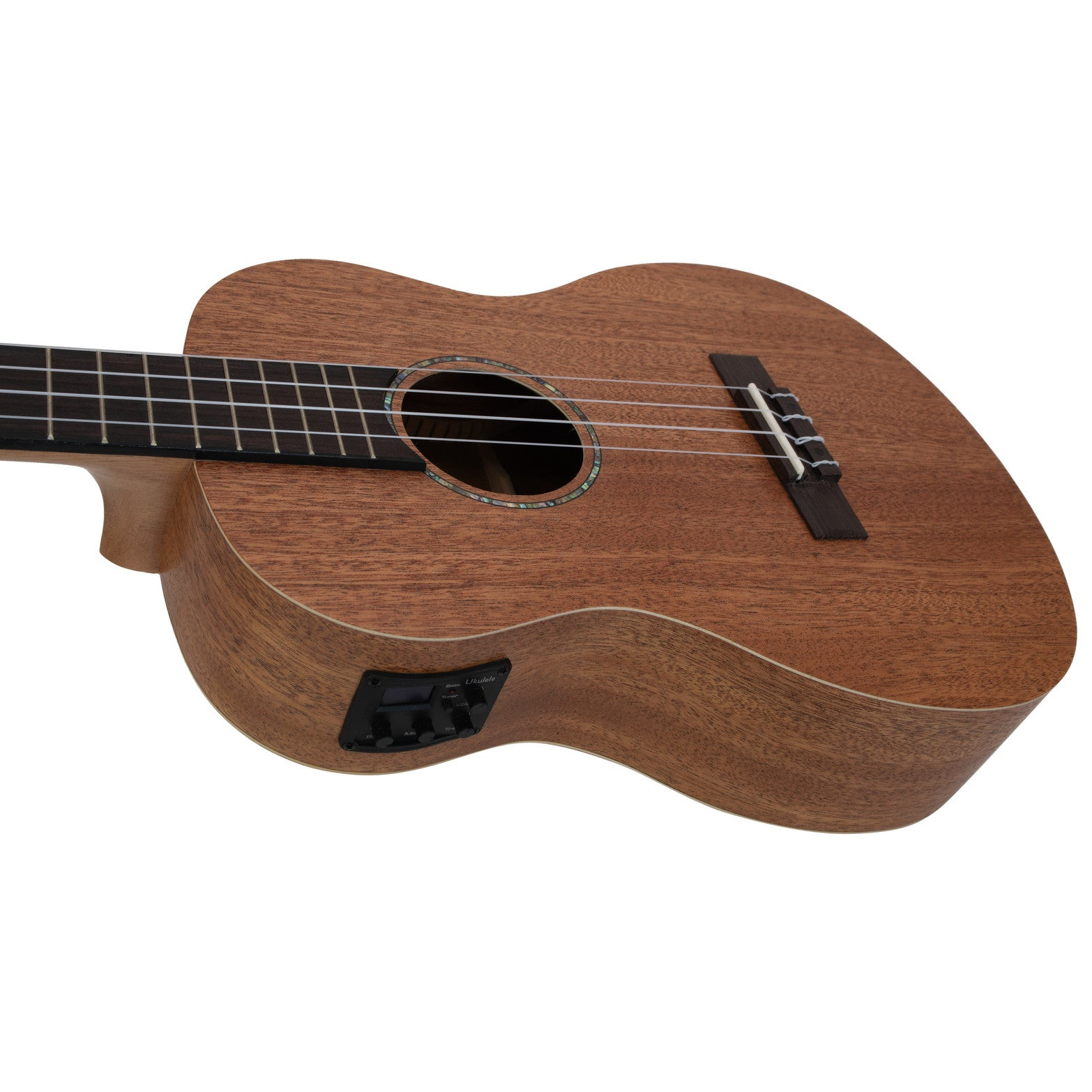 Een houten basukulele met snaren, toets en ingebouwd pickupsysteem.