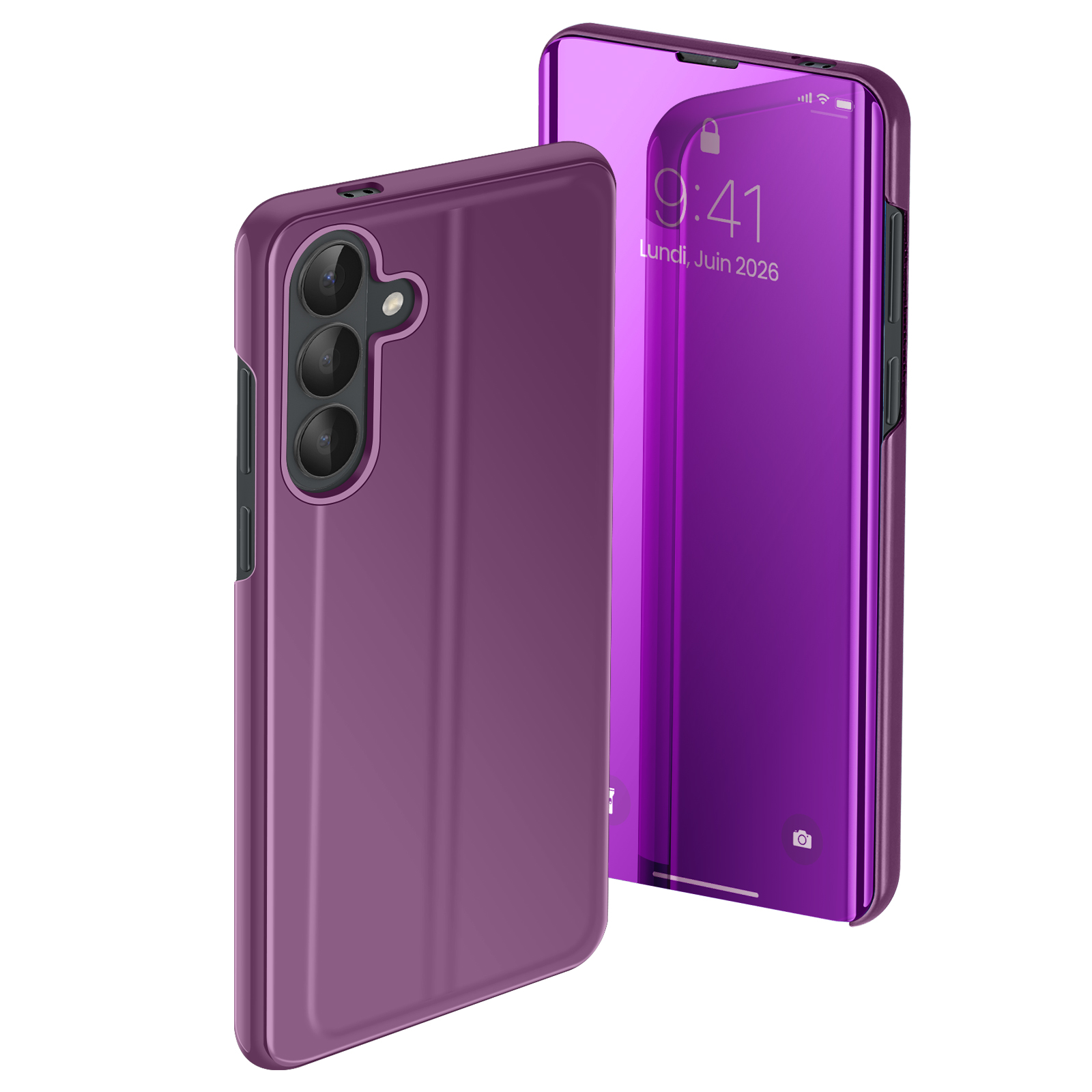 Custodia viola per telefono con tre obiettivi e copertina anteriore a specchio.